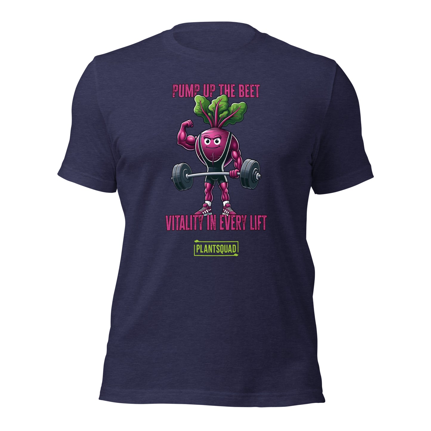 A Plantsquad Beetroot "Pump Up The Beet Vitality In Every Lift" - Unisex T-Shirt showcasing a cartoon beetroot lifting weights with muscular arms. The design includes the text "PUMP UP THE BEET" above the image and "VITALITY IN EVERY LIFT" below it. The phrase "PLANTSQUAD" is prominently displayed at the bottom in yellow and green.