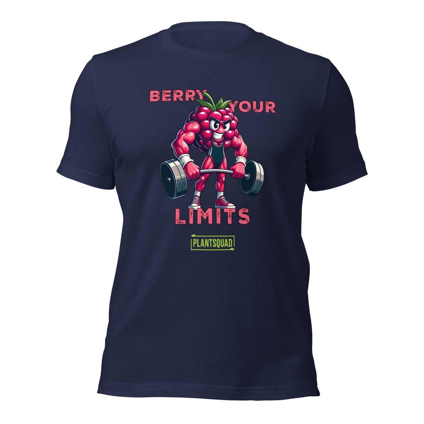 A black t-shirt displays a muscular anthropomorphic berry lifting dumbbells. Above, text reads, "Berry Your Limits," celebrating vegan fitness. At the bottom, the word "PlantSquad" is enclosed in a green box. The berry character is detailed with sneakers and a prominent expression.
Product Name: Plantsquad Raspberry "Berry Your Limits" - Unisex T-Shirt