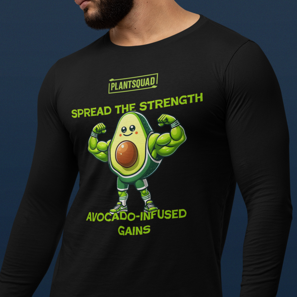 A person wearing a black hoodie featuring an illustration of a muscular, anthropomorphic avocado with arms flexed. The text reads, "PLANTSQUAD," "SPREAD THE STRENGTH," and "AVOCADO-INFUSED GAINS." The background is green.