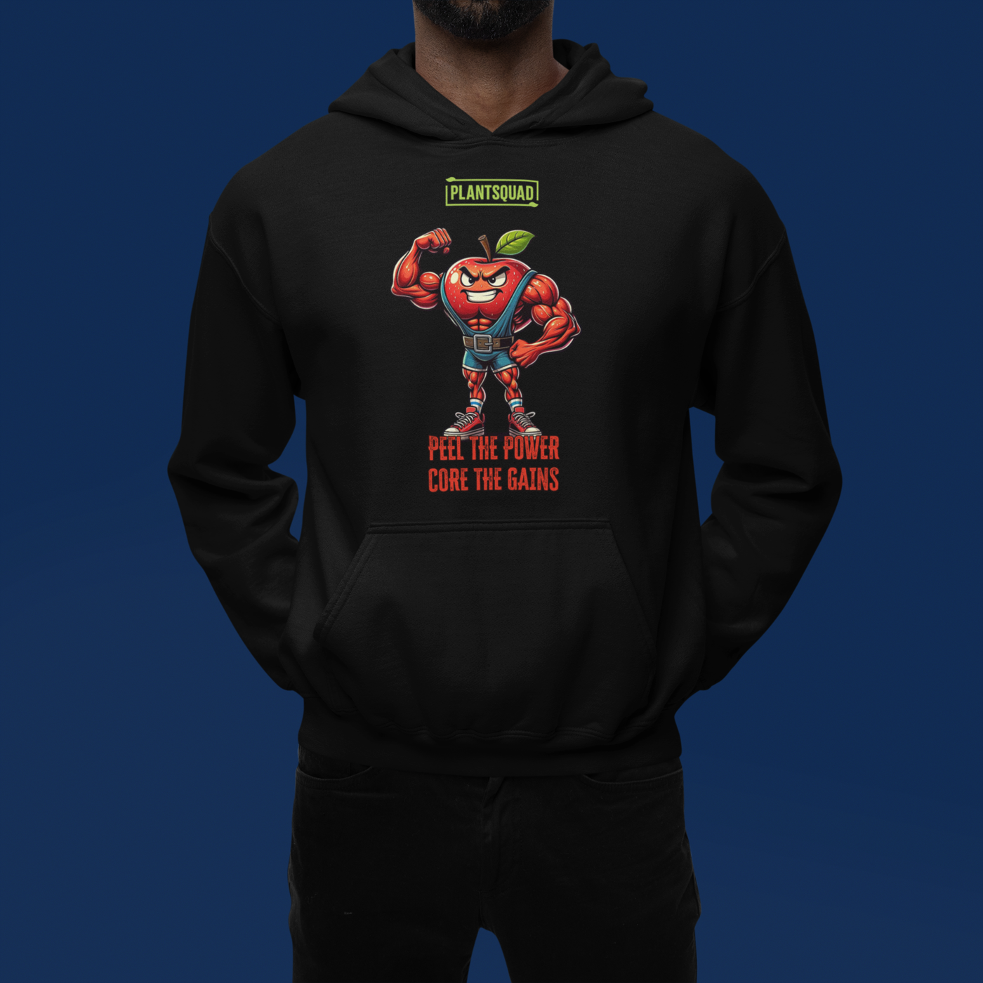 The Plantsquad Apple "Peel The Power Core The Gains" - Unisex Hoodie features a black vegan design with a muscular, anthropomorphic apple character in a fitness pose. The red apple, with a determined expression, is wearing a weightlifting belt. Above, it says 'PLANTSQUAD,' and below, 'PEEL THE POWER, CORE THE GAINS' in bold red text. Perfect for embracing your plant-based lifestyle.