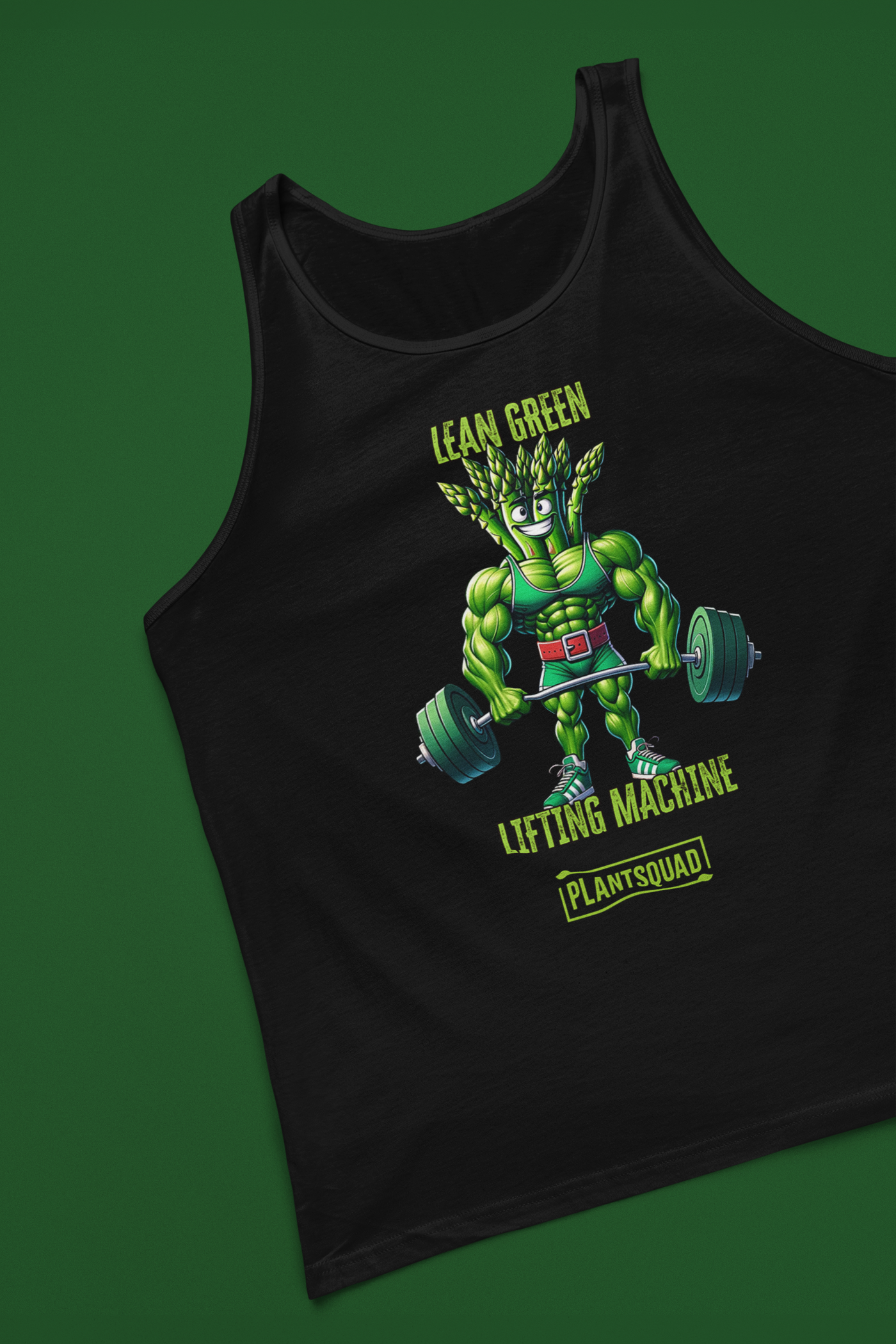 A black vegan Plantsquad Asparagus "Lean Green Lifting Machine" - Unisex Tank Top featuring an illustration of a muscular, green plant-like character lifting a barbell with heavy weights. Above the character is the text "Lean Green Lifting Machine" and below is the text "Plant Squad." Perfect for those embracing a plant-based lifestyle.