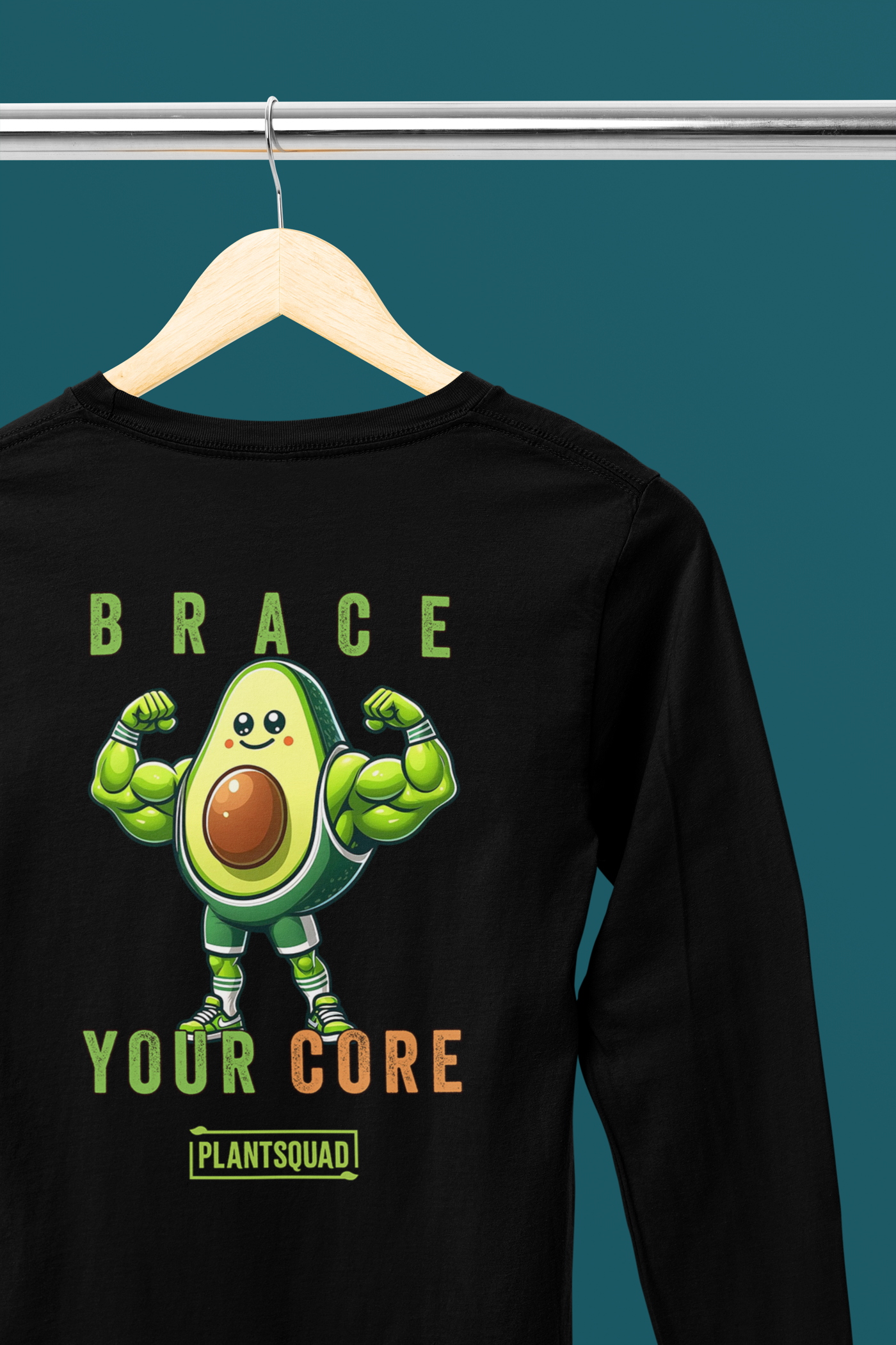 A Plantsquad Avocado "Brace Your Core" - Unisex Long Sleeve T-Shirt featuring a muscly avocado cartoon with arms and legs. The text above and below the avocado reads, "Brace Your Core - Plant Squad." Perfect for fitness enthusiasts, the design is vibrant with green and brown tones, emphasizing the avocado's core.