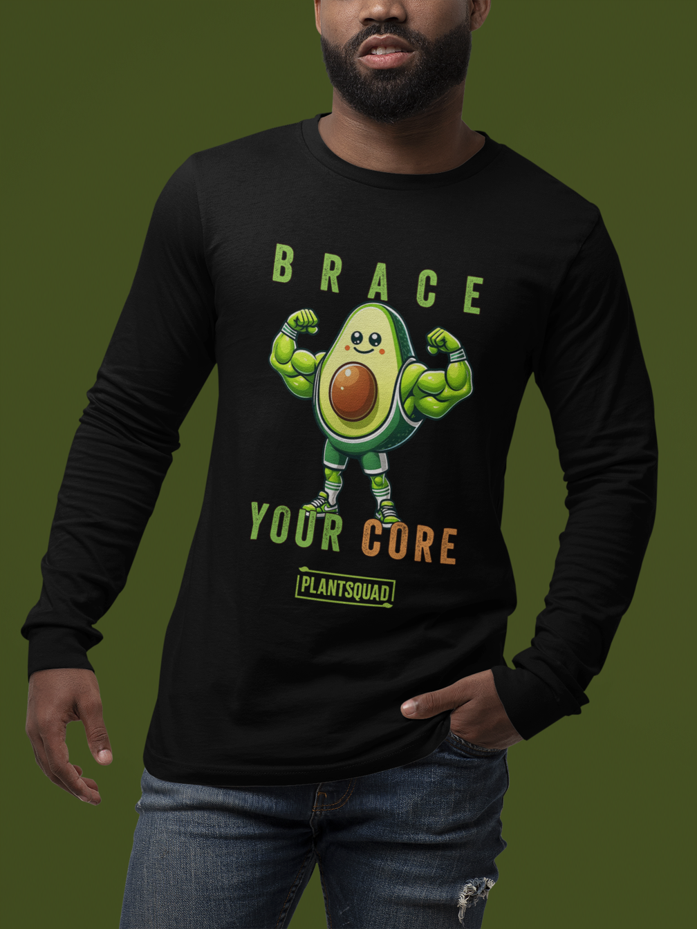 A Plantsquad Avocado "Brace Your Core" - Unisex Long Sleeve T-Shirt featuring a muscly avocado cartoon with arms and legs. The text above and below the avocado reads, "Brace Your Core - Plant Squad." Perfect for fitness enthusiasts, the design is vibrant with green and brown tones, emphasizing the avocado's core.