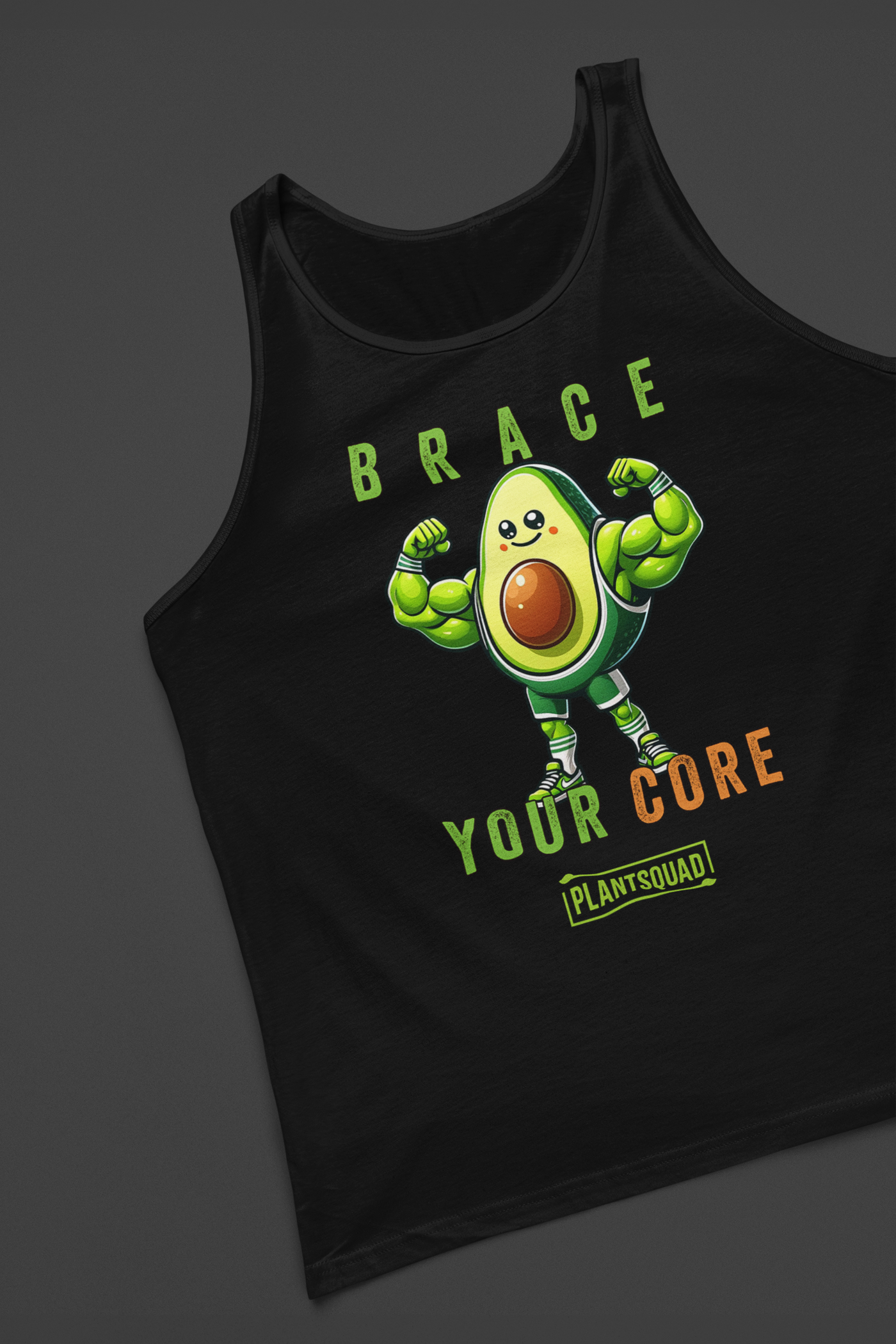 A Plantsquad Avocado "Brace Your Core" - Unisex Tank Top featuring a dynamic avocado cartoon flexing its biceps. The text above the avocado reads "BRACE," and below it reads "YOUR CORE" with "PLANTSQUAD" at the bottom. Perfect for those embracing a plant-based lifestyle and looking for stylish vegan gym wear.