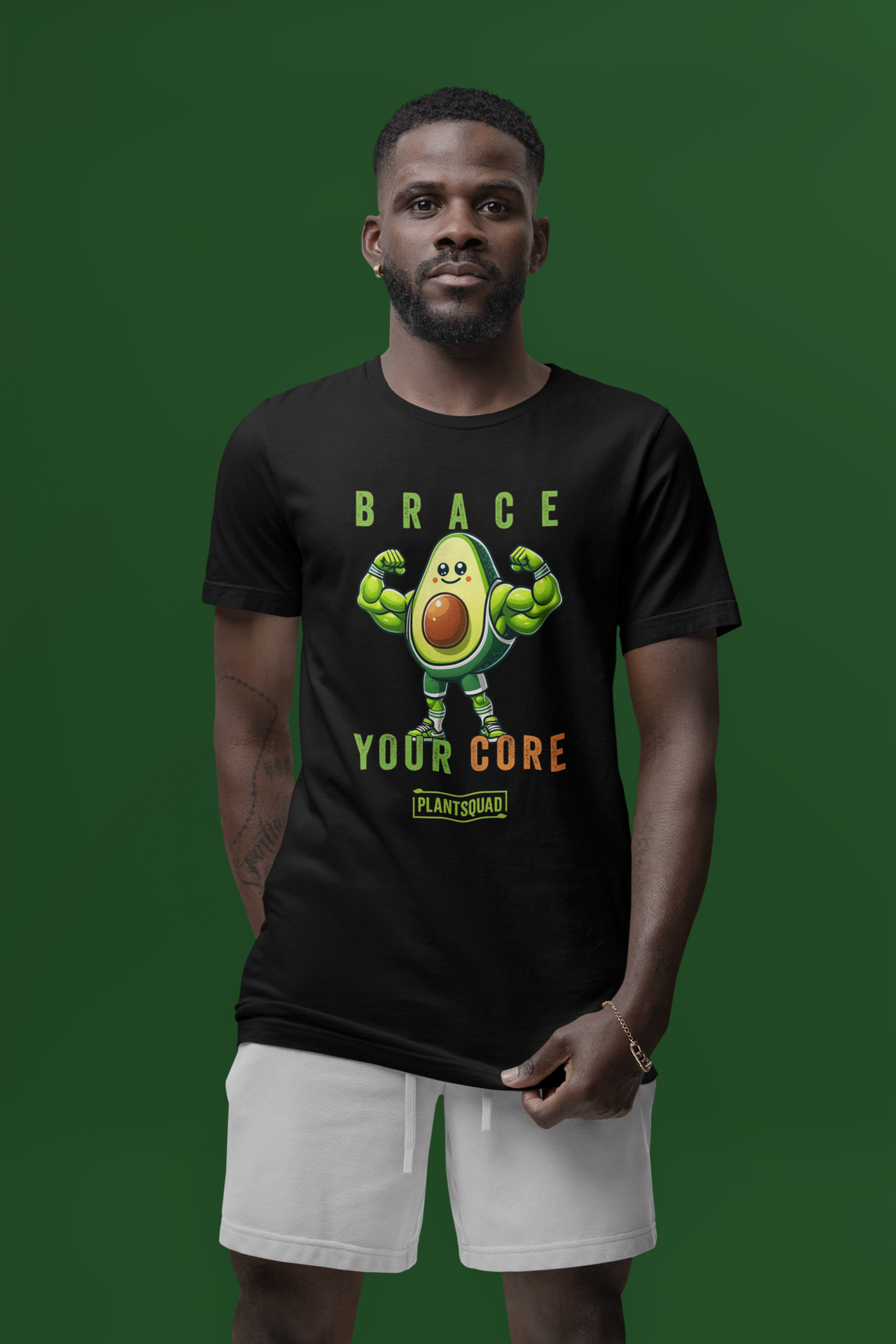 A Plantsquad Avocado "Brace Your Core" - Unisex T-Shirt featuring an illustration of an avocado character with muscular arms and legs, flexing its biceps. Above the avocado are the words "BRACE" and below it, "YOUR CORE." The word "plantsquad" is proudly printed at the bottom.