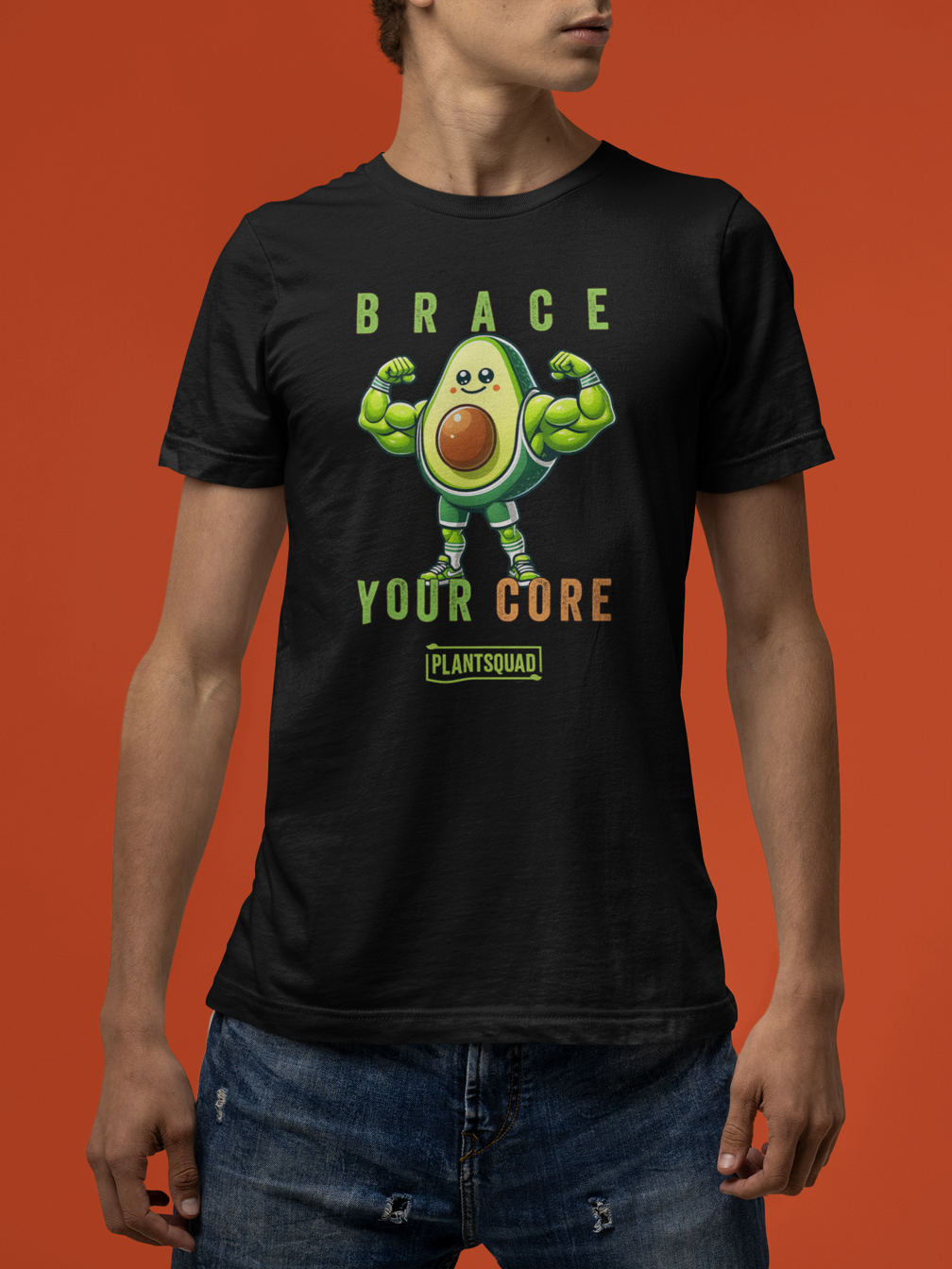 A Plantsquad Avocado "Brace Your Core" - Unisex T-Shirt featuring an illustration of an avocado character with muscular arms and legs, flexing its biceps. Above the avocado are the words "BRACE" and below it, "YOUR CORE." The word "plantsquad" is proudly printed at the bottom.