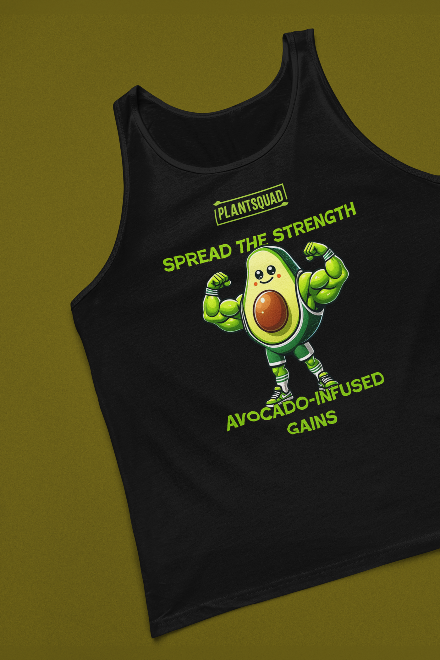 A Plantsquad Avocado "Spread The Strength Avocado-Infused Gains" - Unisex Tank Top featuring a muscly avocado cartoon flexing its arms. Above the avocado, it reads "PLANTSQUAD," while below it says, "SPREAD THE STRENGTH AVOCADO-INFUSED GAINS" in yellow-green letters. Perfect for embracing a plant-based lifestyle and vegan gym wear enthusiasts.