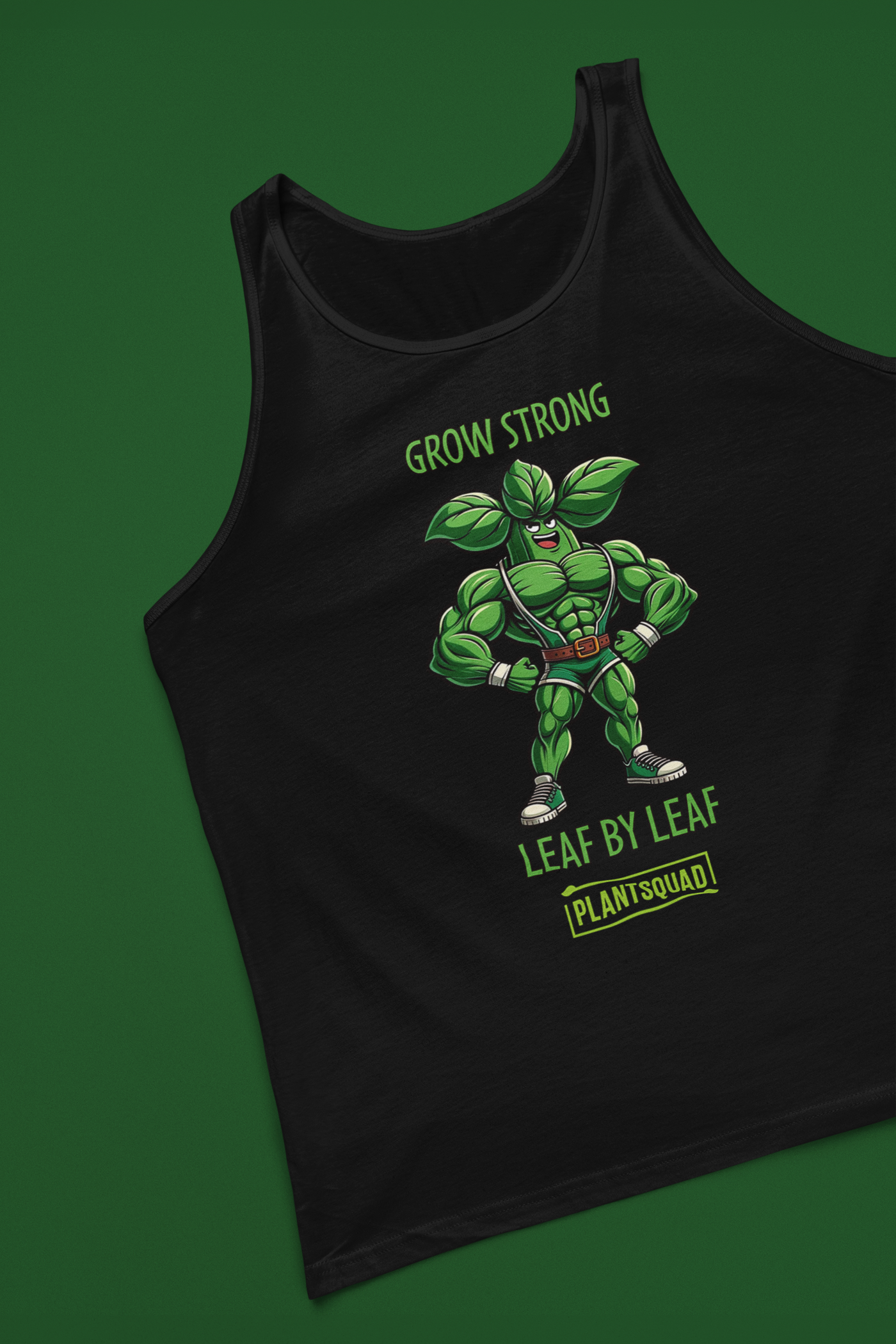 The Plantsquad Basil "Grow Strong Leaf By Leaf" - Unisex Tank Top is crafted from breathable fabric and features an illustration of a muscular green leaf character with clenched fists, wearing a belt and boots. The text above reads "GROW STRONG," and below it says "LEAF BY LEAF" and “PLANTSQUAD.” Perfect for gym enthusiasts embracing the vegan lifestyle.