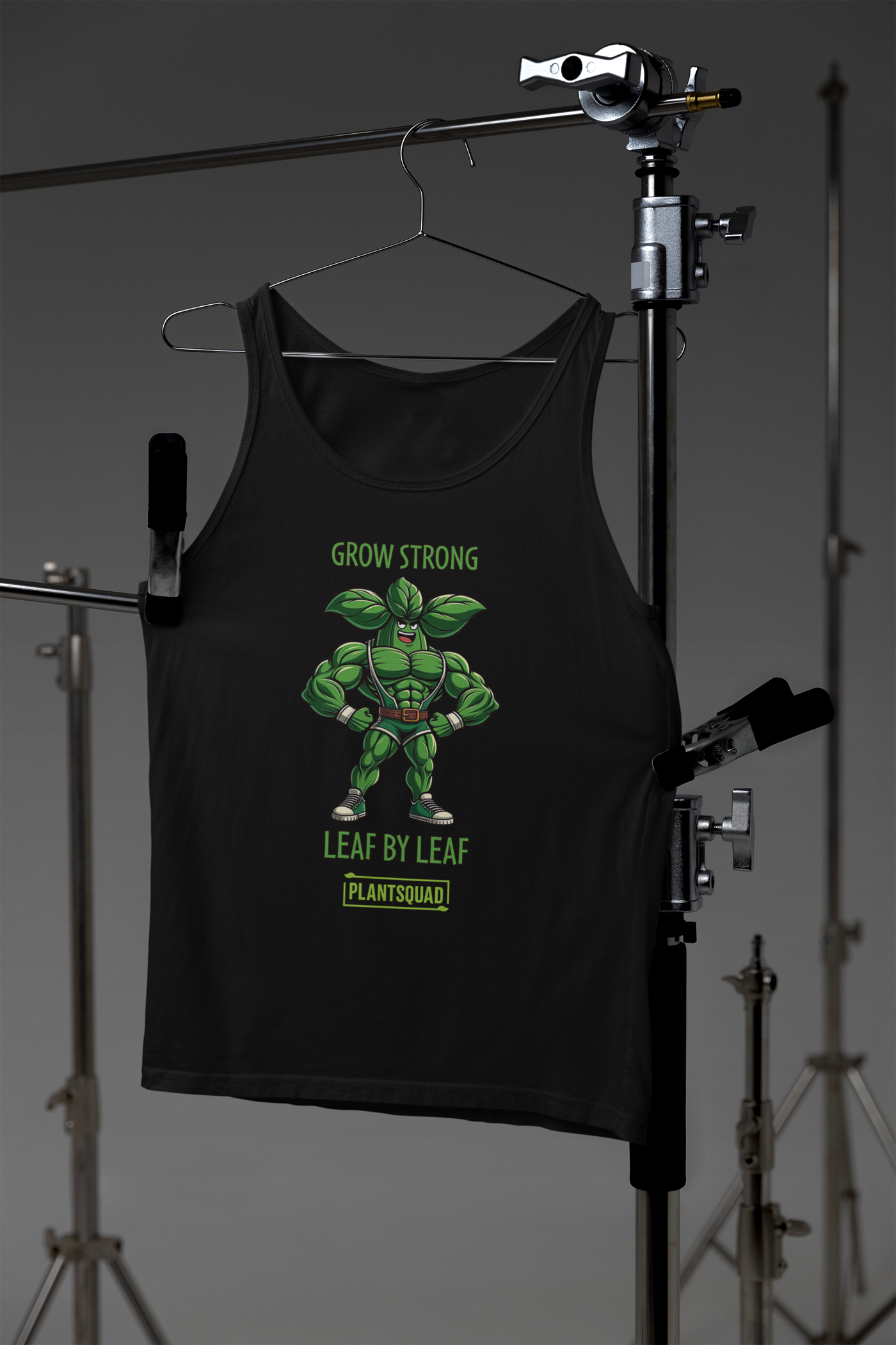 The Plantsquad Basil "Grow Strong Leaf By Leaf" - Unisex Tank Top is crafted from breathable fabric and features an illustration of a muscular green leaf character with clenched fists, wearing a belt and boots. The text above reads "GROW STRONG," and below it says "LEAF BY LEAF" and “PLANTSQUAD.” Perfect for gym enthusiasts embracing the vegan lifestyle.