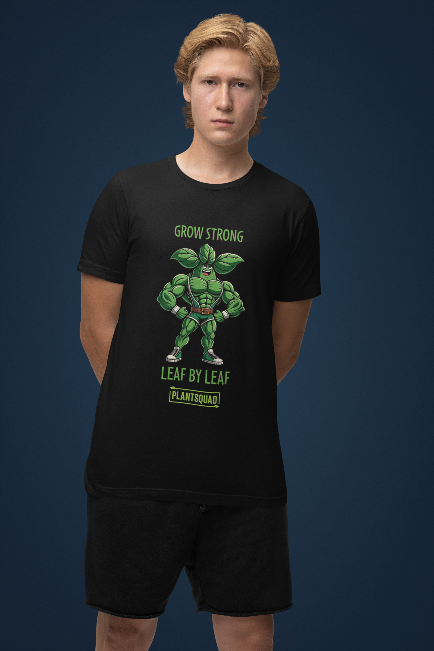 Plantsquad Basil "Grow Strong Leaf By Leaf" - Unisex T-Shirt featuring a muscular green superhero with leaves for ears and as part of his costume. Text above reads "Grow Strong" and below it says "Leaf By Leaf." The Plantsquad logo is proudly displayed at the bottom.