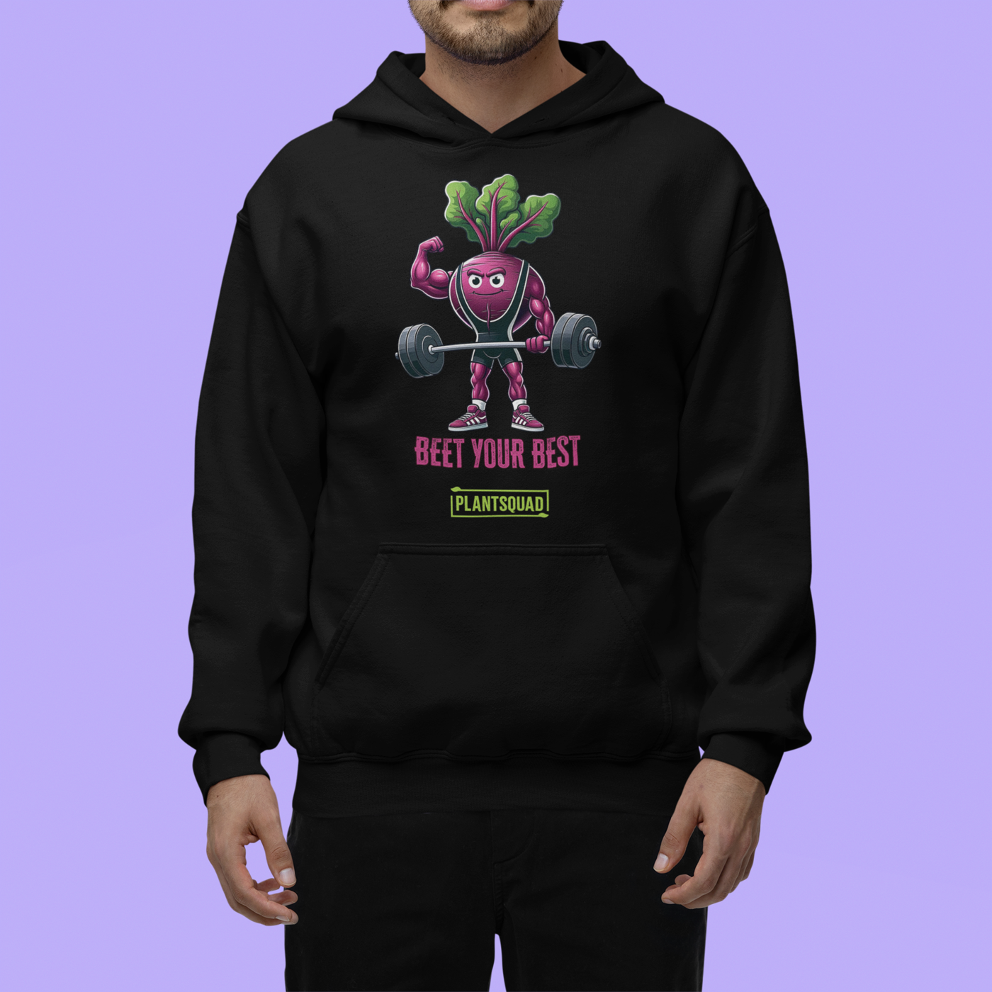 Enjoy the Plantsquad Beetroot "Beet Your Best" - Unisex Hoodie, a black hoodie made of cozy fabric featuring an illustrated beetroot lifting barbells, with leaves as hair, under the text "BEET YOUR BEST" in bold pink letters. Embrace your vegan lifestyle with the small green box below the beetroot character that reads "PLANTSQUAD.