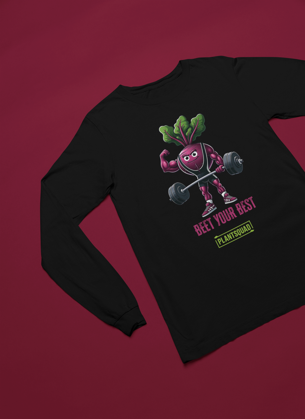 Plantsquad Beetroot "Beet Your Best" - Unisex Long Sleeve T-Shirt featuring a muscly beetroot cartoon lifting barbells. Text below the beet reads, "Beet Your Best" in pink, with "PLANTSQUAD" in a green box underneath. The beet character wears sneakers and earphones, promoting a fun vegan fitness and plant-based lifestyle.