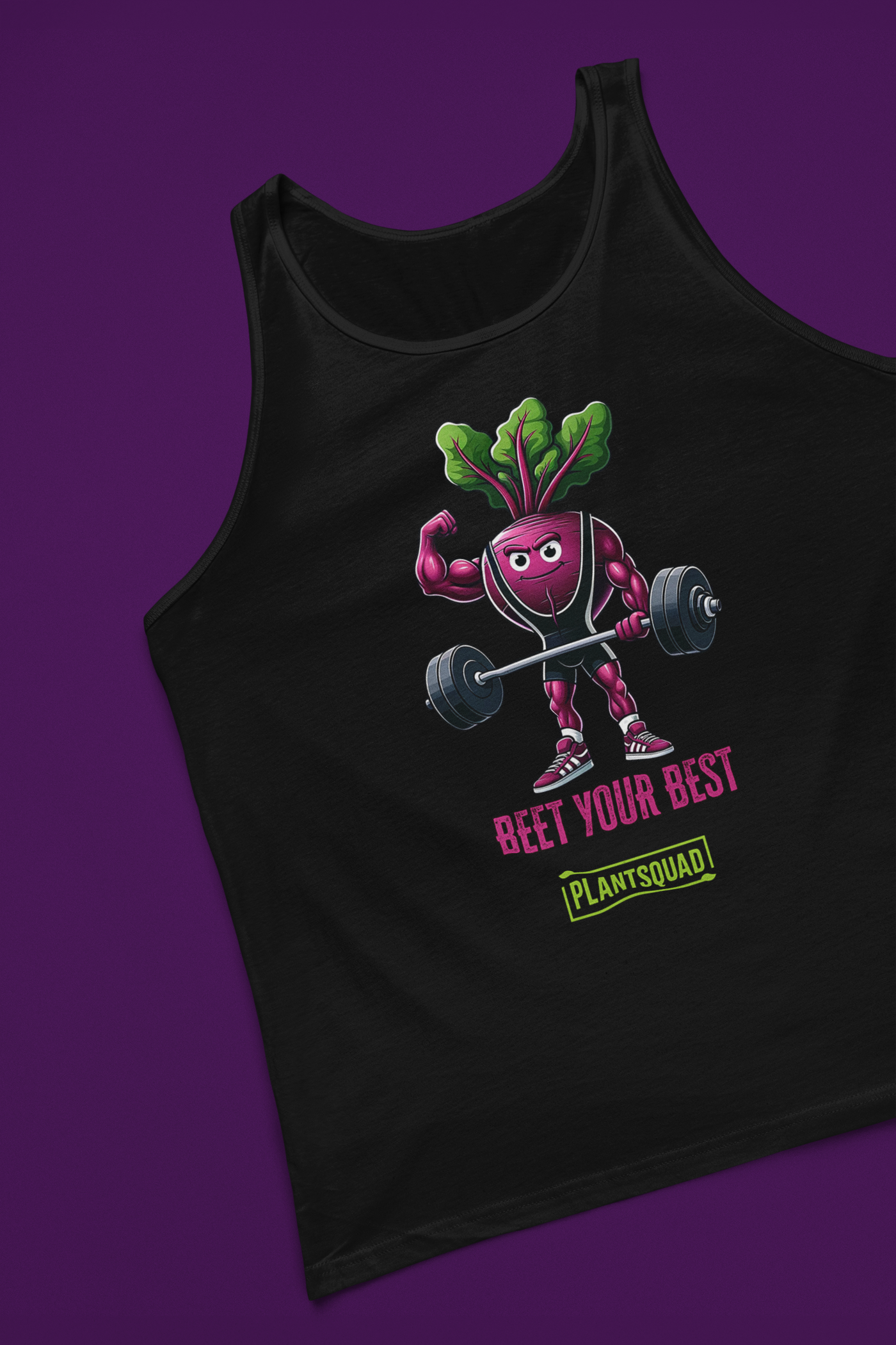 The Plantsquad Beetroot "Beet Your Best" - Unisex Tank Top features an illustration of a muscular beetroot character lifting a barbell. The text below the character reads "BEET YOUR BEST" in red and "PLANTSQUAD" in green. Perfect for gym enthusiasts embracing a plant-based lifestyle.