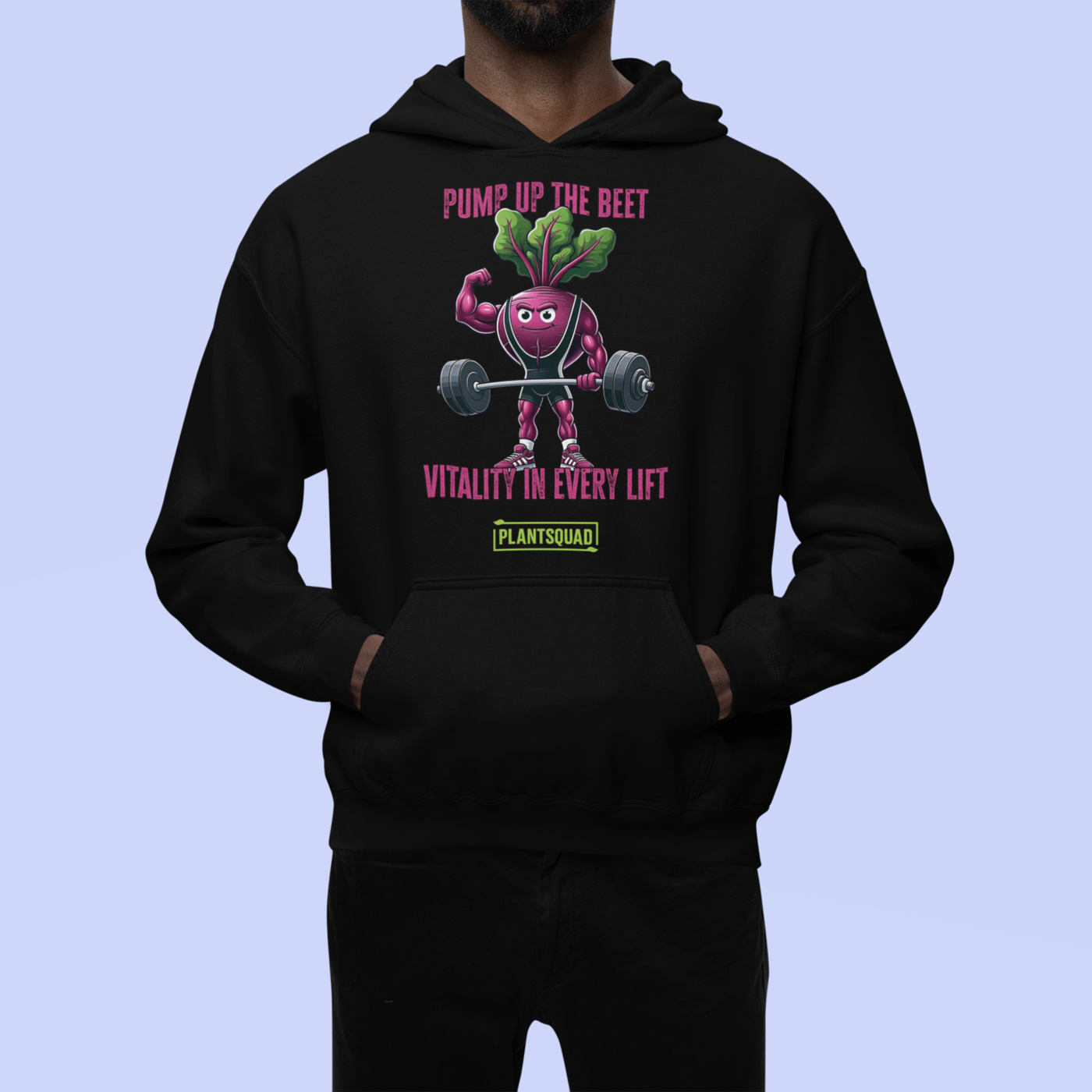 A Plantsquad Beetroot "Pump Up The Beet Vitality In Every Lift" - Unisex Hoodie featuring a muscular beetroot design lifting dumbbells. Above the beet, the text reads "PUMP UP THE BEET," and below it says "VITALITY IN EVERY LIFT." Made from cozy fabric, it perfectly complements your vegan lifestyle. The logo "PLANT SQUAD" is printed at the bottom.