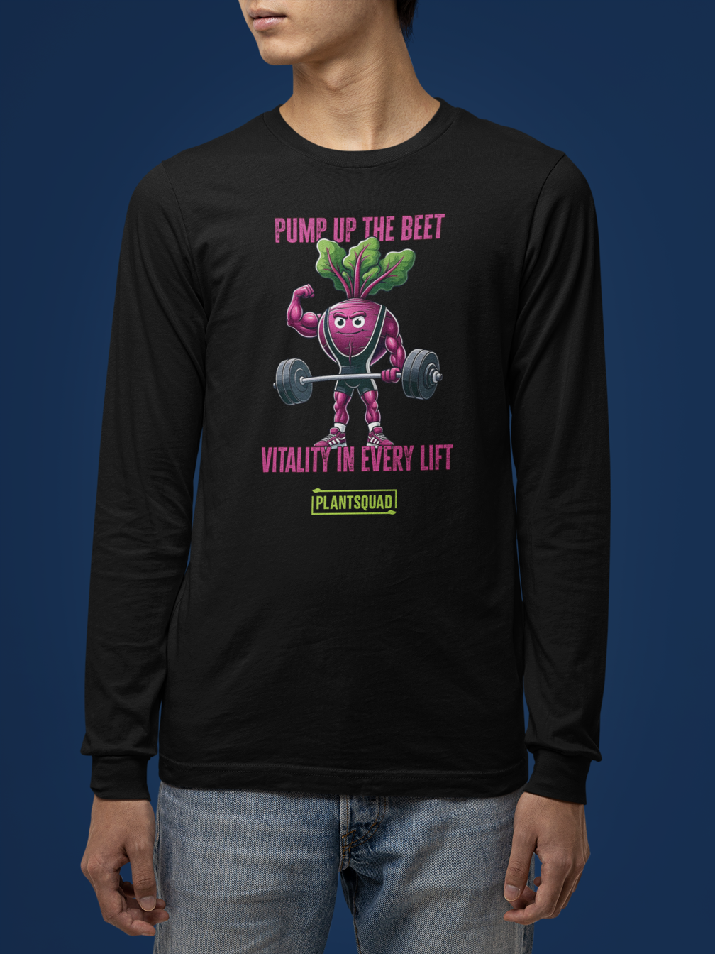 Black long-sleeve shirt featuring a weight-lifting beetroot cartoon with the text "Pump Up the Beet" above and "Vitality in Every Lift" below. The bottom includes the text "Plantsquad" within a green rectangle, perfect for those embracing a plant-based lifestyle or vegan fitness apparel. Introducing: **Plantsquad Beetroot "Pump Up The Beet Vitality In Every Lift" - Unisex Long Sleeve T-Shirt**.