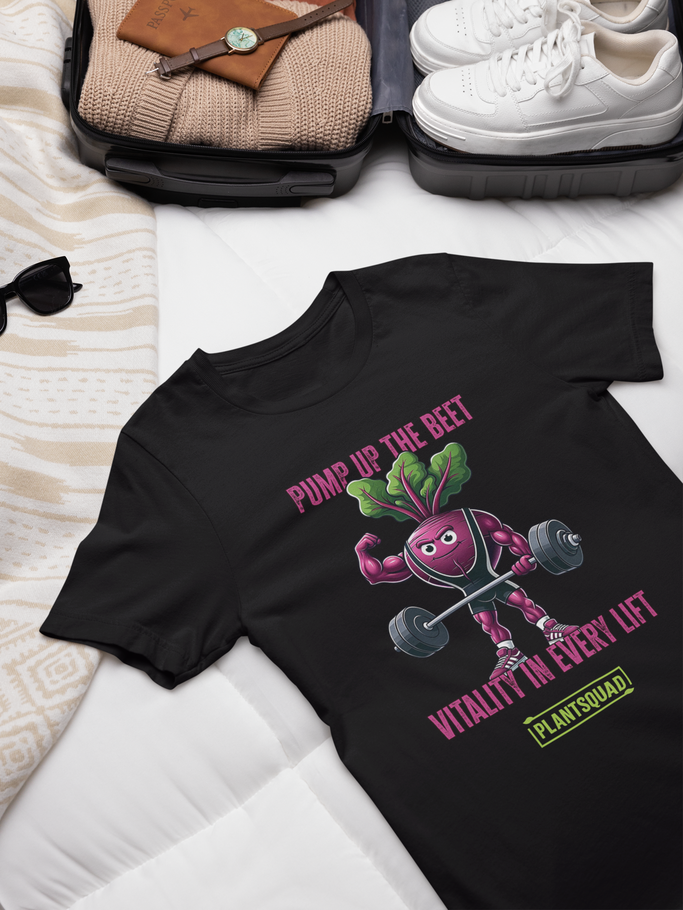 A Plantsquad Beetroot "Pump Up The Beet Vitality In Every Lift" - Unisex T-Shirt showcasing a cartoon beetroot lifting weights with muscular arms. The design includes the text "PUMP UP THE BEET" above the image and "VITALITY IN EVERY LIFT" below it. The phrase "PLANTSQUAD" is prominently displayed at the bottom in yellow and green.