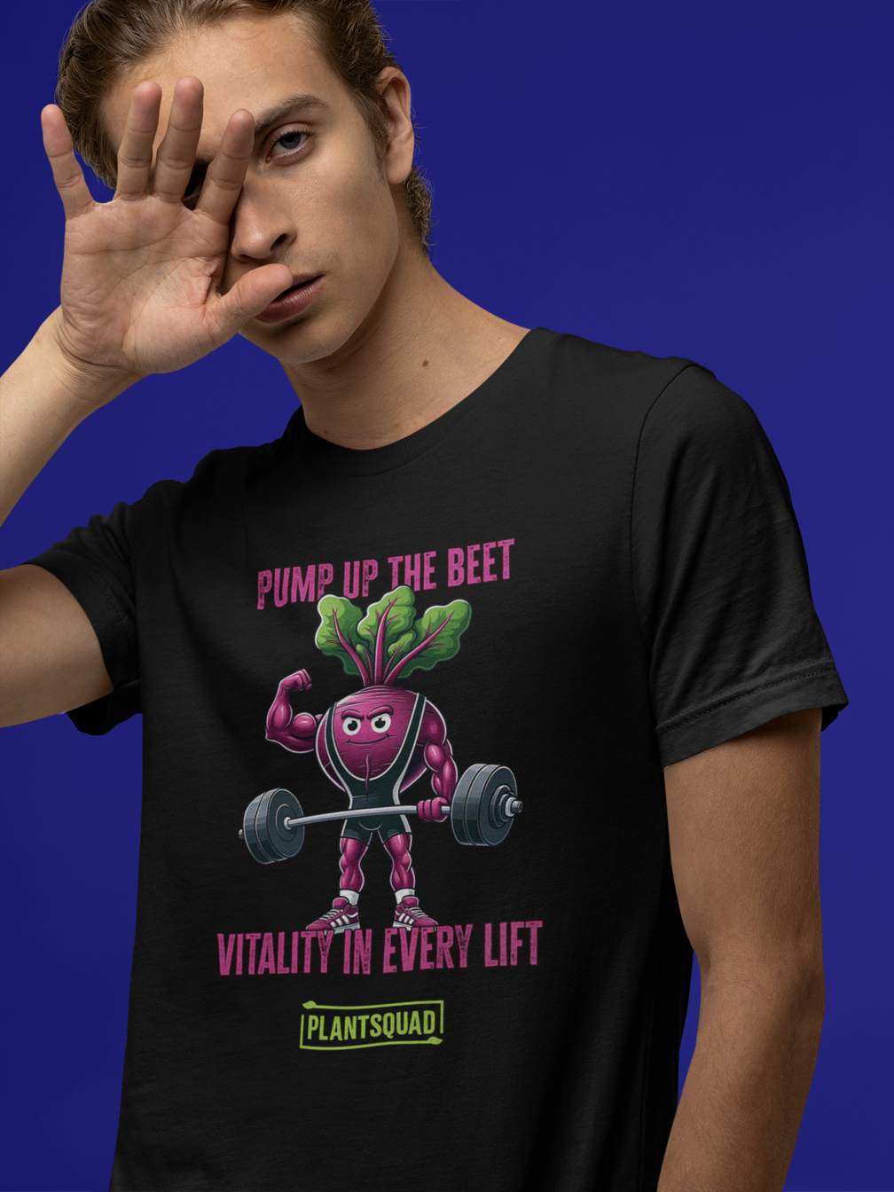 A Plantsquad Beetroot "Pump Up The Beet Vitality In Every Lift" - Unisex T-Shirt showcasing a cartoon beetroot lifting weights with muscular arms. The design includes the text "PUMP UP THE BEET" above the image and "VITALITY IN EVERY LIFT" below it. The phrase "PLANTSQUAD" is prominently displayed at the bottom in yellow and green.