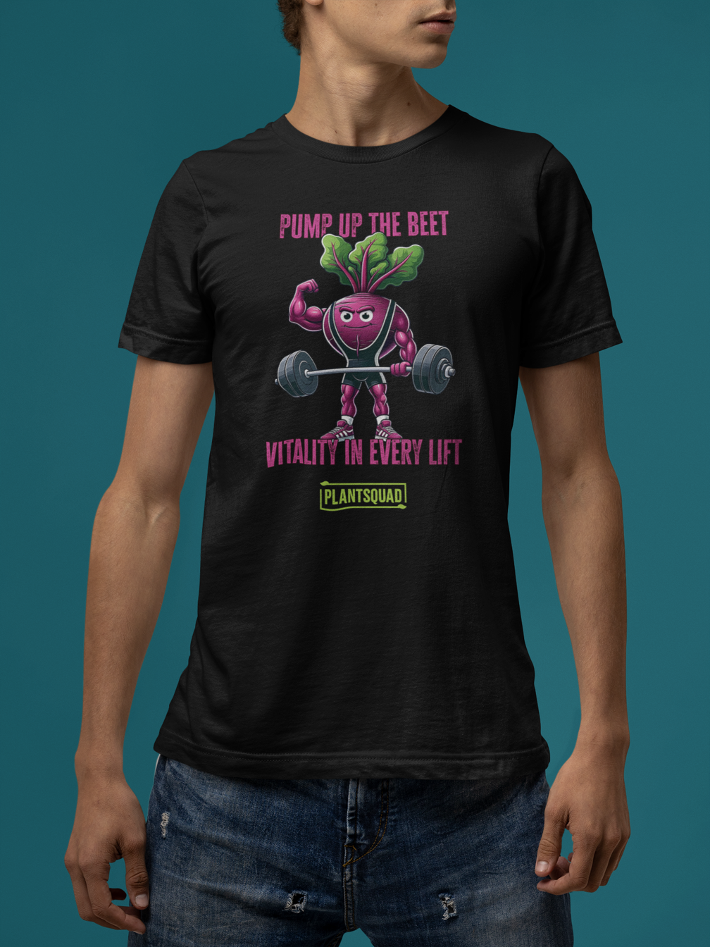 A Plantsquad Beetroot "Pump Up The Beet Vitality In Every Lift" - Unisex T-Shirt showcasing a cartoon beetroot lifting weights with muscular arms. The design includes the text "PUMP UP THE BEET" above the image and "VITALITY IN EVERY LIFT" below it. The phrase "PLANTSQUAD" is prominently displayed at the bottom in yellow and green.