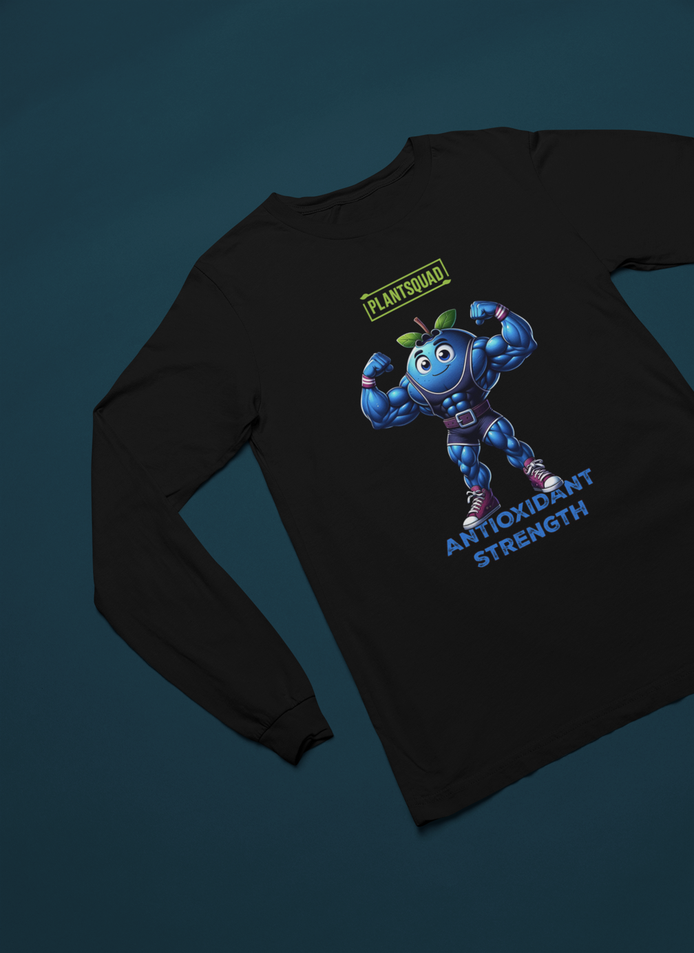 Product Description: Plantsquad Blueberry "Antioxidant Strength" - Unisex Long Sleeve T-Shirt featuring an illustrated blue, muscular cartoon superhero resembling a muscly blueberry with antennas, flexing its arms. Above the character, the text reads "PLANTSQUAD," and below, it says "ANTIOXIDANT STRENGTH" in blue letters. Perfect for promoting a plant-based lifestyle and vegan fitness.