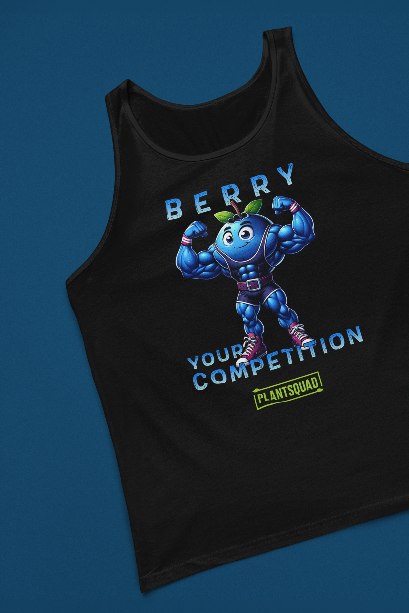 The Plantsquad Blueberry "Berry Your Competition" - Unisex Tank Top for gym enthusiasts features a muscular cartoon blueberry character flexing its arms. Above the character, text reads "BERRY," and below the character, text reads "YOUR COMPETITION." Made from breathable fabric, it also includes a green and yellow "PLANTSQUAD" logo at the bottom.