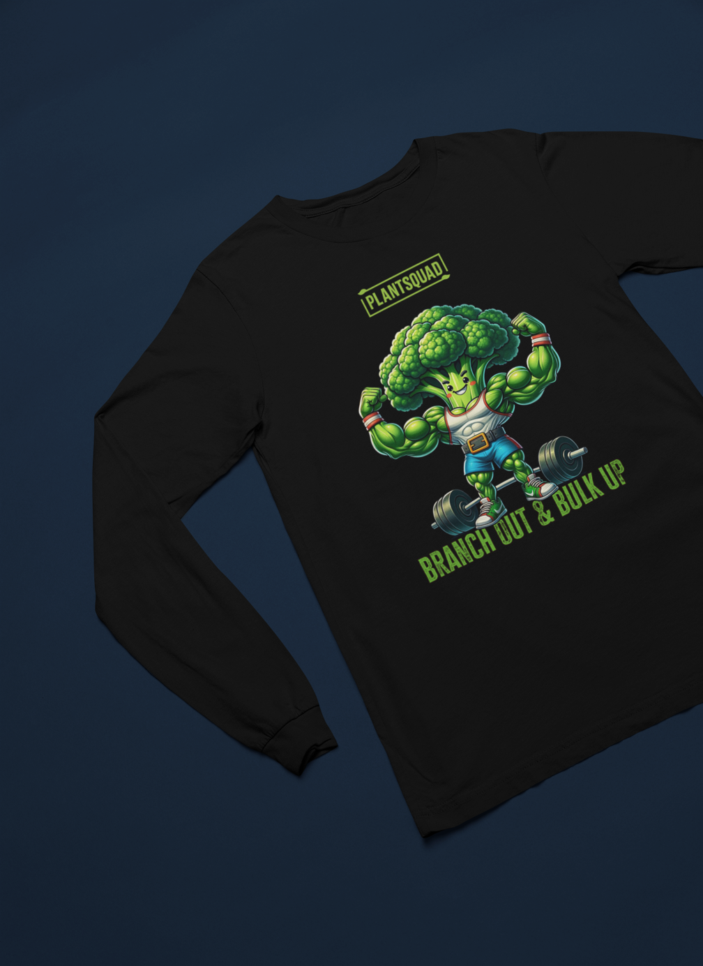 Plantsquad Broccoli "Branch Out & Bulk Up" - Unisex Long Sleeve T-Shirt: A black long-sleeve shirt featuring a muscly broccoli cartoon lifting a barbell. Above the character, it says "PLANTSQUAD," and below, it says "BRANCH OUT & BULK UP!" in green and yellow text—a must-have for fitness enthusiasts embracing a plant-based lifestyle.