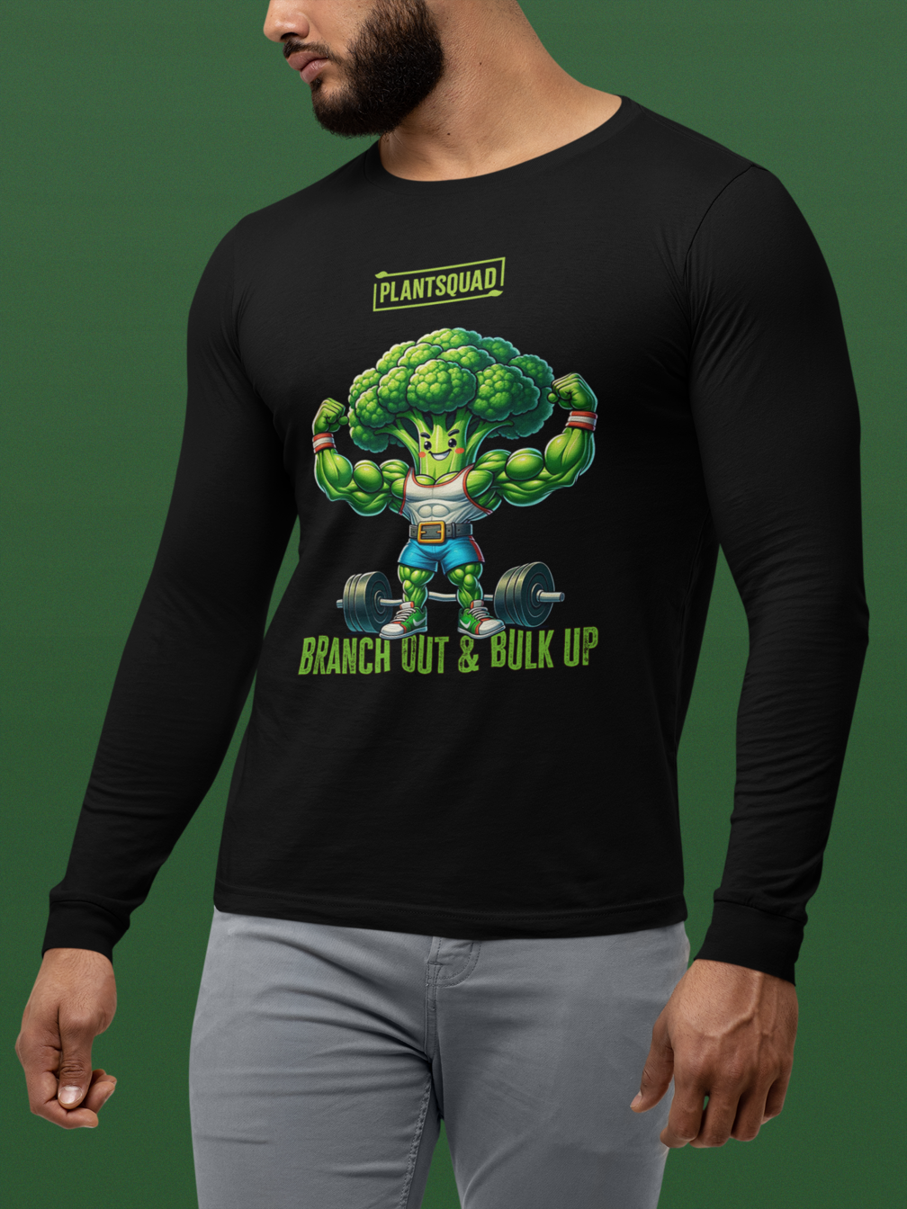 Plantsquad Broccoli "Branch Out & Bulk Up" - Unisex Long Sleeve T-Shirt: A black long-sleeve shirt featuring a muscly broccoli cartoon lifting a barbell. Above the character, it says "PLANTSQUAD," and below, it says "BRANCH OUT & BULK UP!" in green and yellow text—a must-have for fitness enthusiasts embracing a plant-based lifestyle.