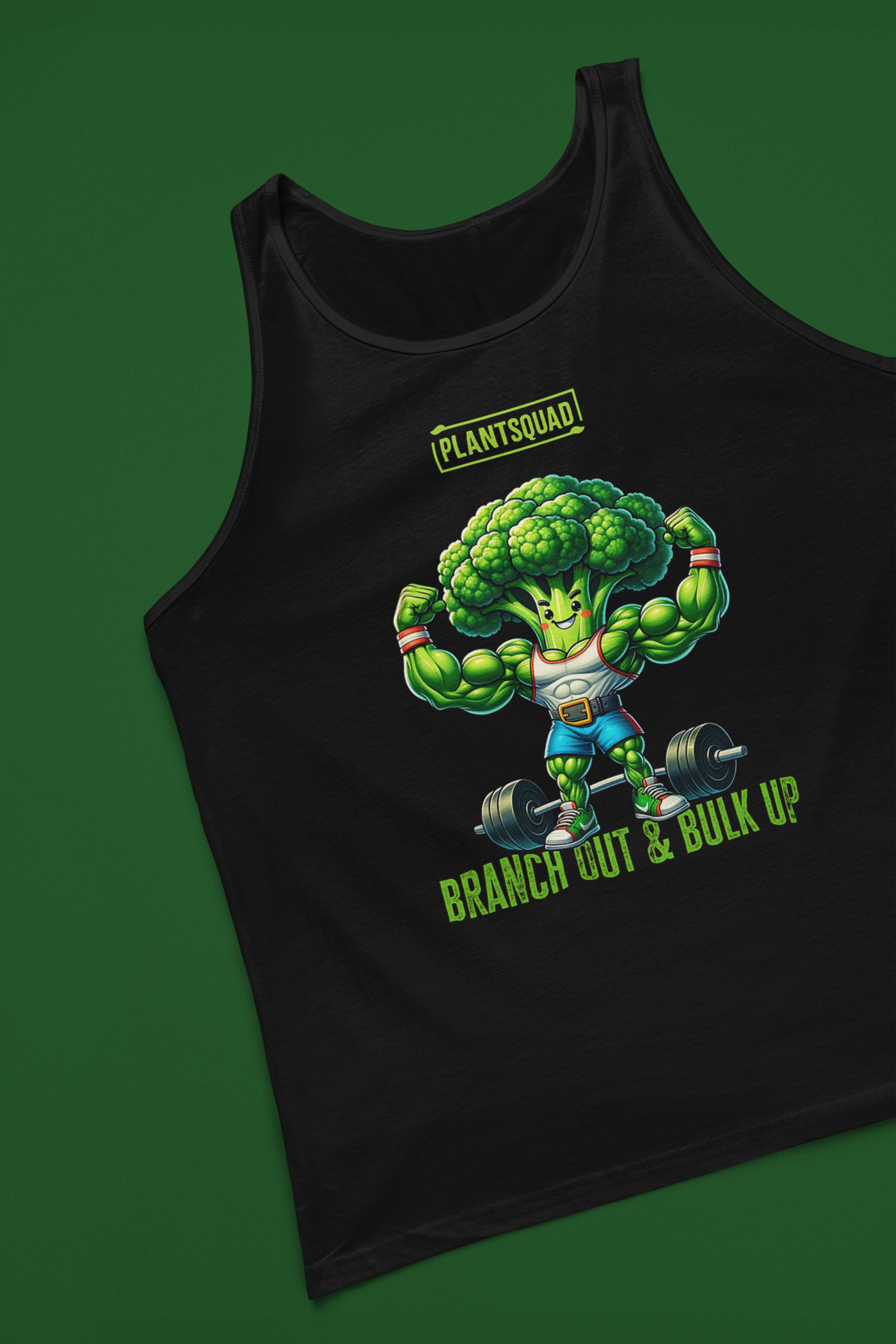 A Plantsquad Broccoli "Branch Out & Bulk Up" - Unisex Tank Top featuring a cartoon broccoli character with muscular arms lifting a barbell. Designed for vegan gym enthusiasts, it has the text "PLANTSQUAD" above the character and "BRANCH OUT & BULK UP?" below, all printed on breathable fabric ideal for your plant-based lifestyle.