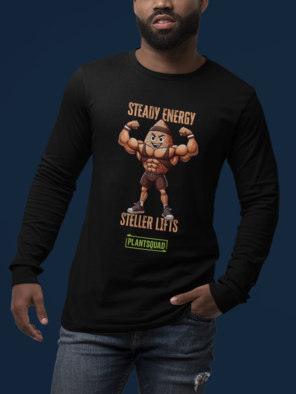 A Plantsquad Brown Rice "Steady Energy Steller Lifts" - Unisex Long Sleeve T-Shirt features an illustration of a muscular anthropomorphic acorn flexing its biceps. Above, text reads "Steady Energy," and below, "Steller Lifts." The bottom text box displays "Plantsquad" in green, making it the perfect choice for those embracing a plant-based lifestyle.