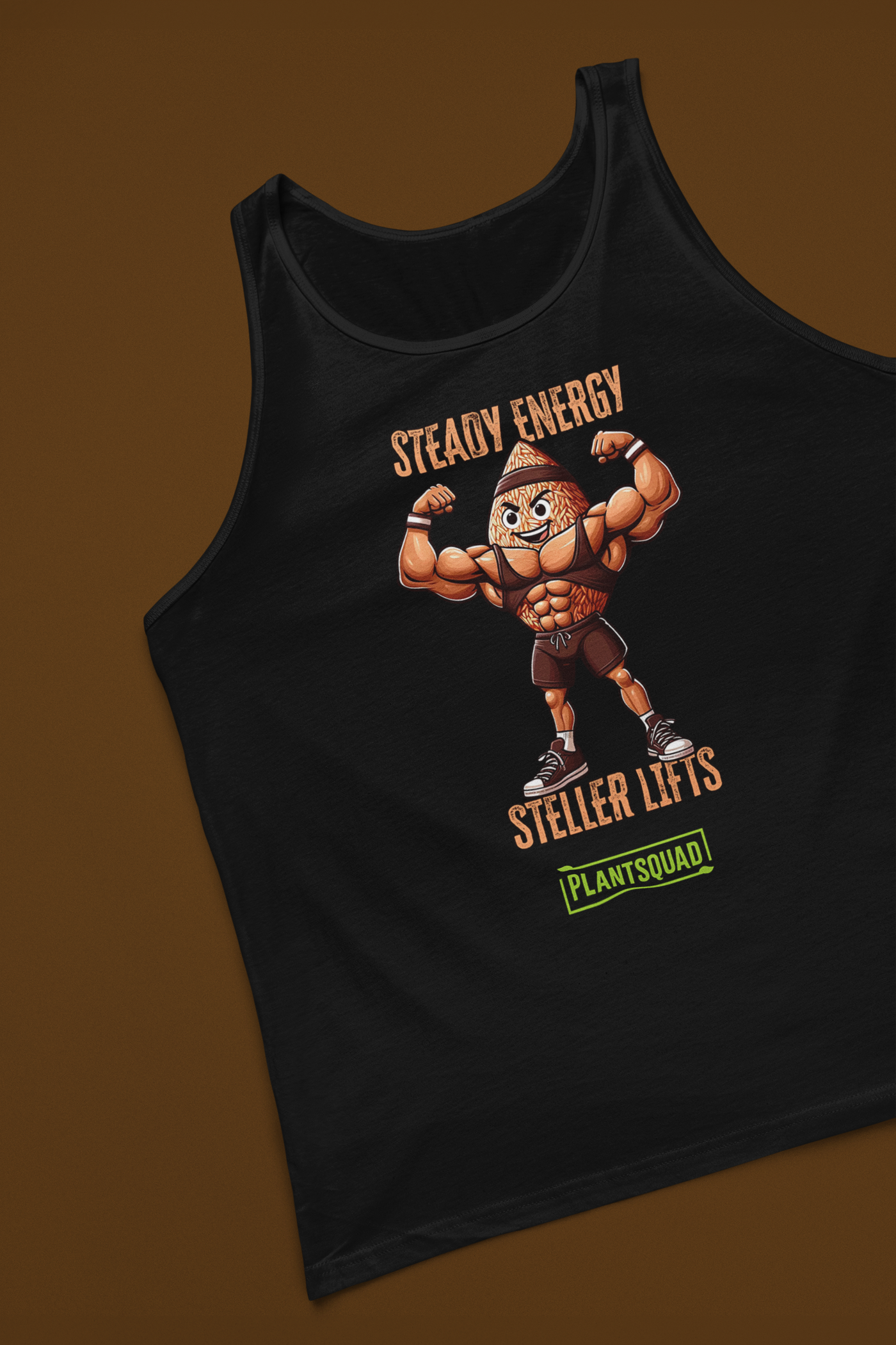 A Plantsquad Brown Rice "Steady Energy Steller Lifts" - Unisex Tank Top featuring a cartoon nut character flexing muscles. Above the character, the text reads "STEADY ENERGY." Below, it says "STELLER LIFTS." At the bottom, there's a green rectangle with the word "PLANTSQUAD," perfect for a plant-based lifestyle.