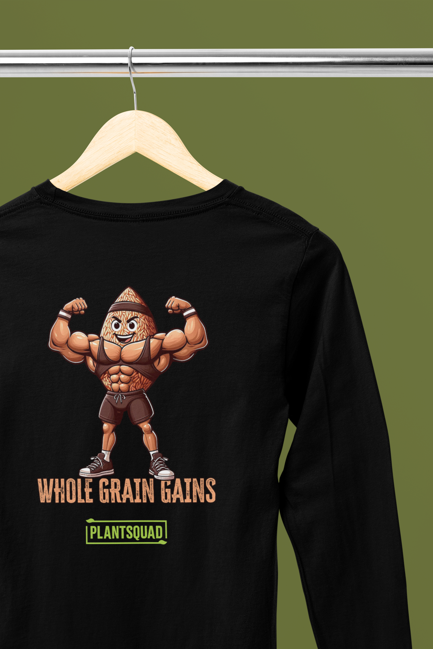 A Plantsquad Brown Rice "Whole Grain Gains" - Unisex Long Sleeve T-Shirt showcasing a muscular character made of whole grains flexing its arms. The text below proudly states "Whole Grain Gains," ideal for fitness enthusiasts embracing a vegan lifestyle, with "Plantsquad" written in a green rectangular box at the bottom.