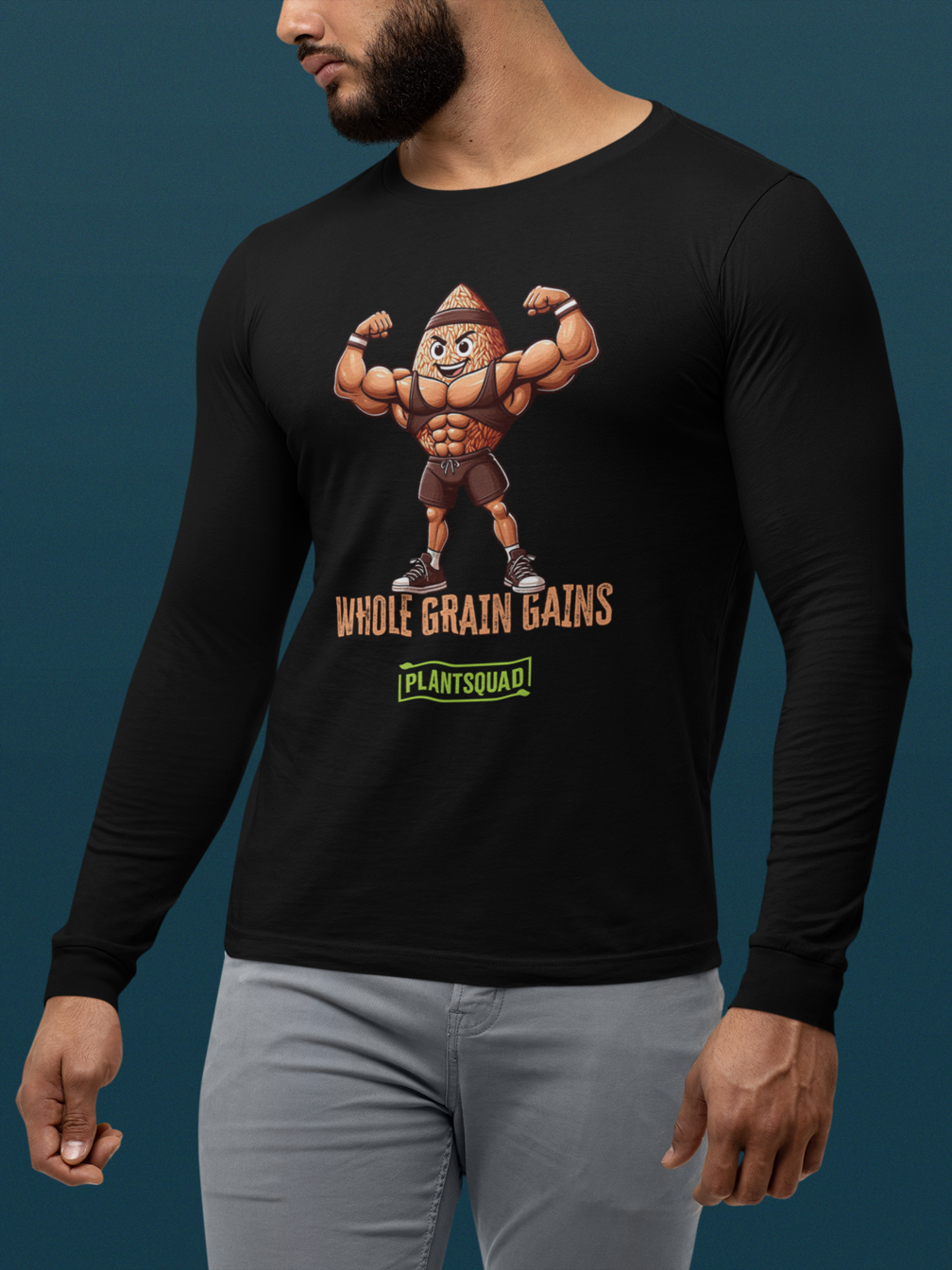 A Plantsquad Brown Rice "Whole Grain Gains" - Unisex Long Sleeve T-Shirt showcasing a muscular character made of whole grains flexing its arms. The text below proudly states "Whole Grain Gains," ideal for fitness enthusiasts embracing a vegan lifestyle, with "Plantsquad" written in a green rectangular box at the bottom.