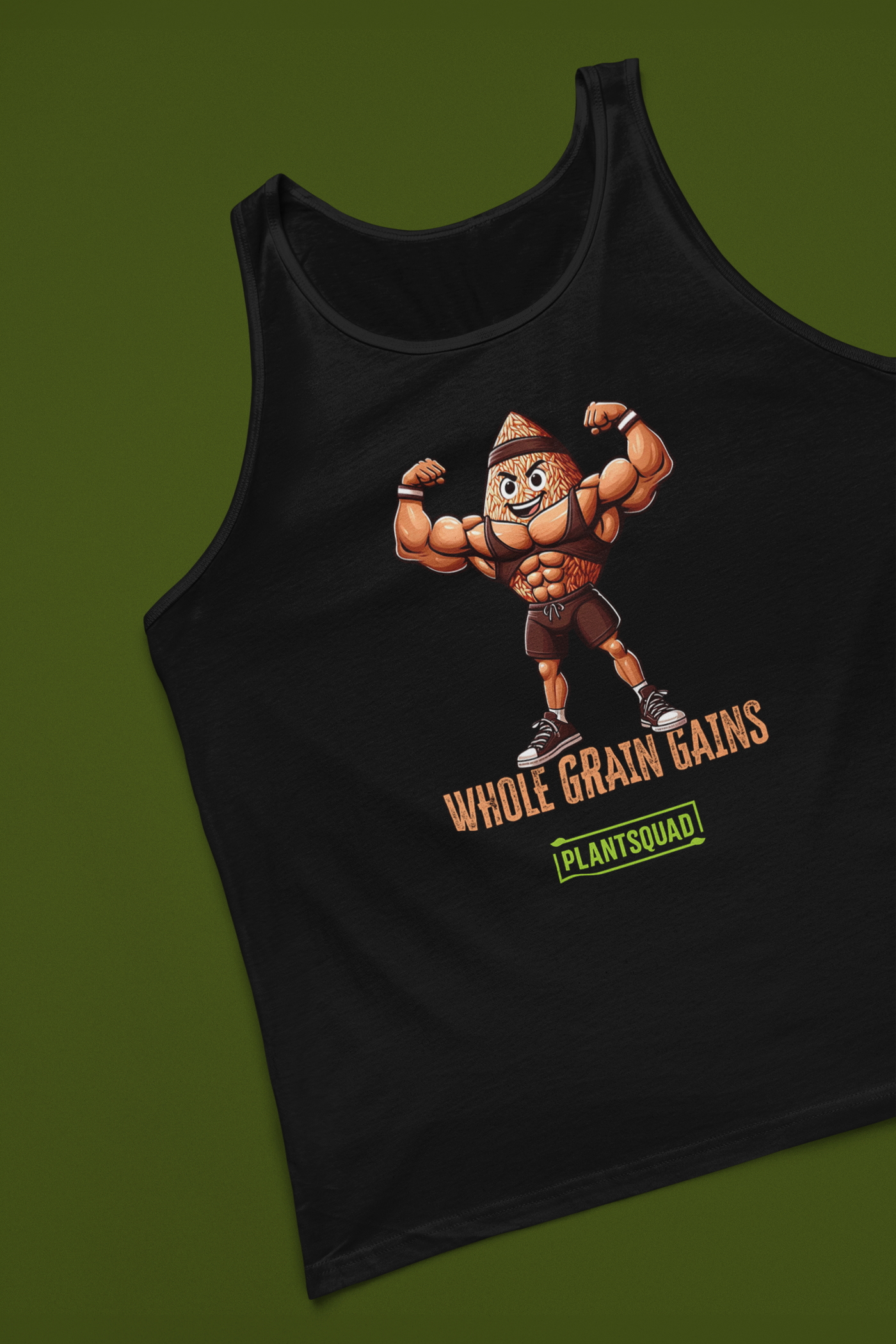 A black tank top features an illustration of a muscular, anthropomorphic grain of wheat flexing its biceps. Below the image, text reads "WHOLE GRAIN GAINS" in orange with the logo "PLANTSQUAD" in green underneath. Perfect for a plant-based lifestyle or as part of your vegan gym clothing collection, this is the Plantsquad Brown Rice "Whole Grain Gains" - Unisex Tank Top.