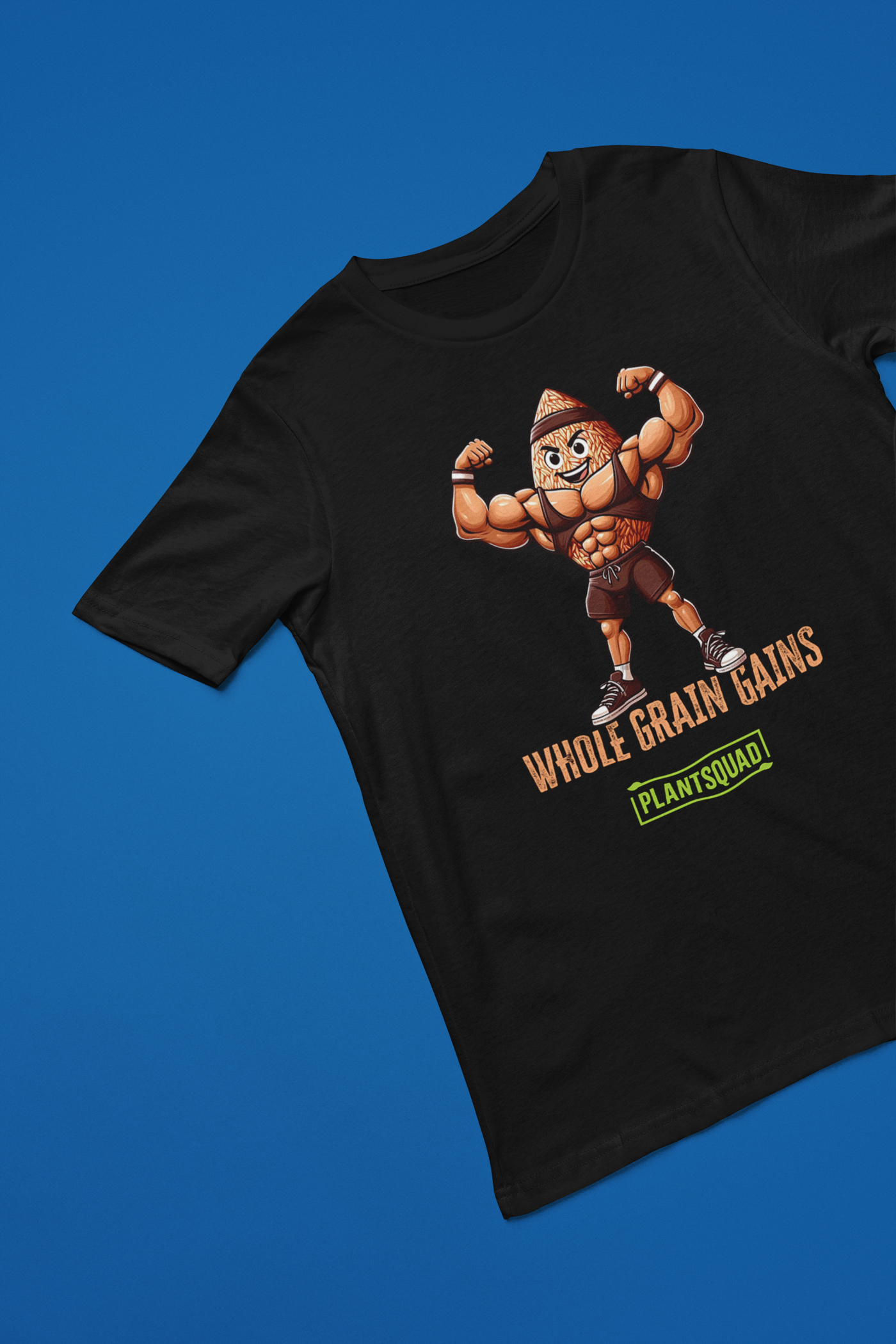 A Plantsquad Brown Rice "Whole Grain Gains" - Unisex T-Shirt featuring an illustration of an anthropomorphic, muscular grain character flexing its biceps. The text "WHOLE GRAIN GAINS" is written below the character, and "PLANTSQUAD" stands out in green within a rectangular box beneath that.