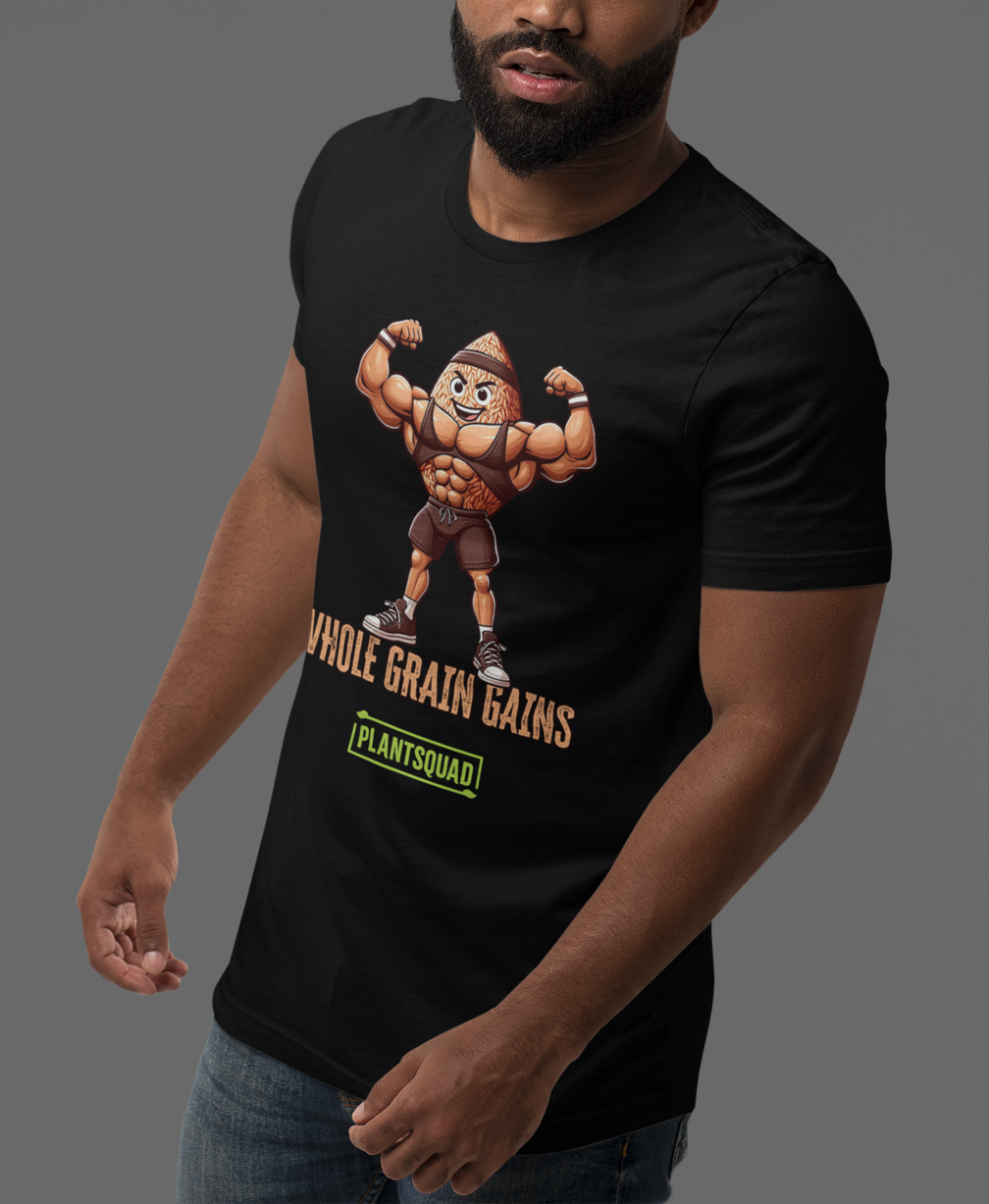 A Plantsquad Brown Rice "Whole Grain Gains" - Unisex T-Shirt featuring an illustration of an anthropomorphic, muscular grain character flexing its biceps. The text "WHOLE GRAIN GAINS" is written below the character, and "PLANTSQUAD" stands out in green within a rectangular box beneath that.