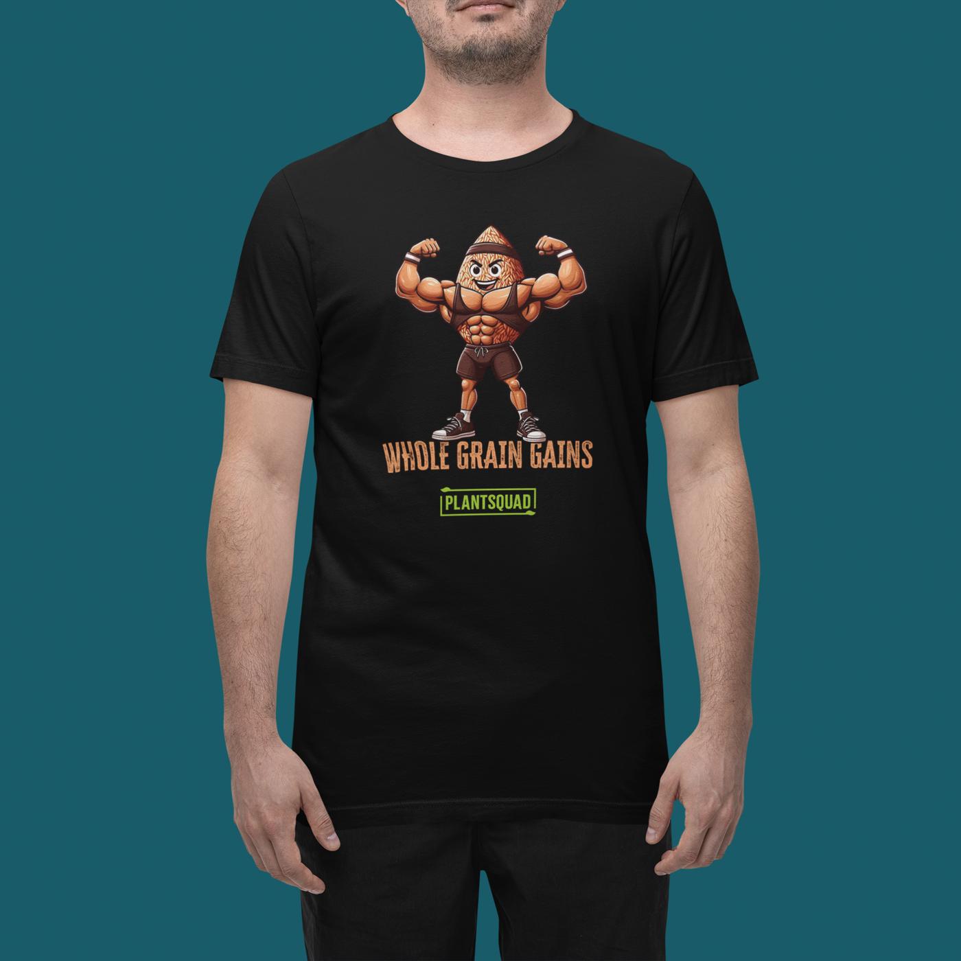 A Plantsquad Brown Rice "Whole Grain Gains" - Unisex T-Shirt featuring an illustration of an anthropomorphic, muscular grain character flexing its biceps. The text "WHOLE GRAIN GAINS" is written below the character, and "PLANTSQUAD" stands out in green within a rectangular box beneath that.