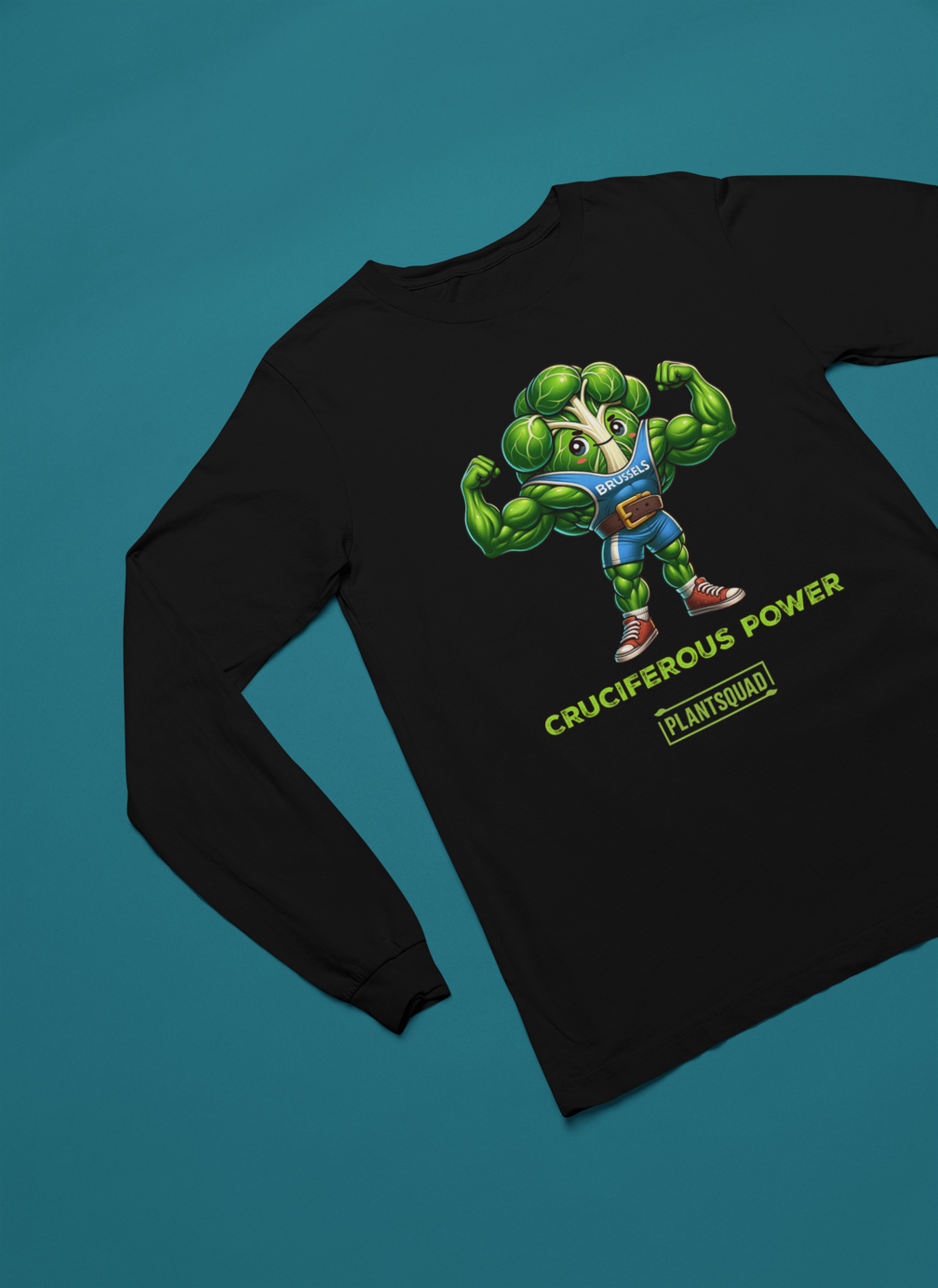 A Plantsquad Brussel Sprout "Cruciferous Power" - Unisex Long Sleeve T-Shirt featuring a muscly animated character resembling a brussel sprout, labeled "Bruulis" on its chest. The text below the character reads, "CRUCIFEROUS POWER" in yellow and "PLANTSQUAD" in green. Perfect for fans of vegan fitness and a plant-based lifestyle.