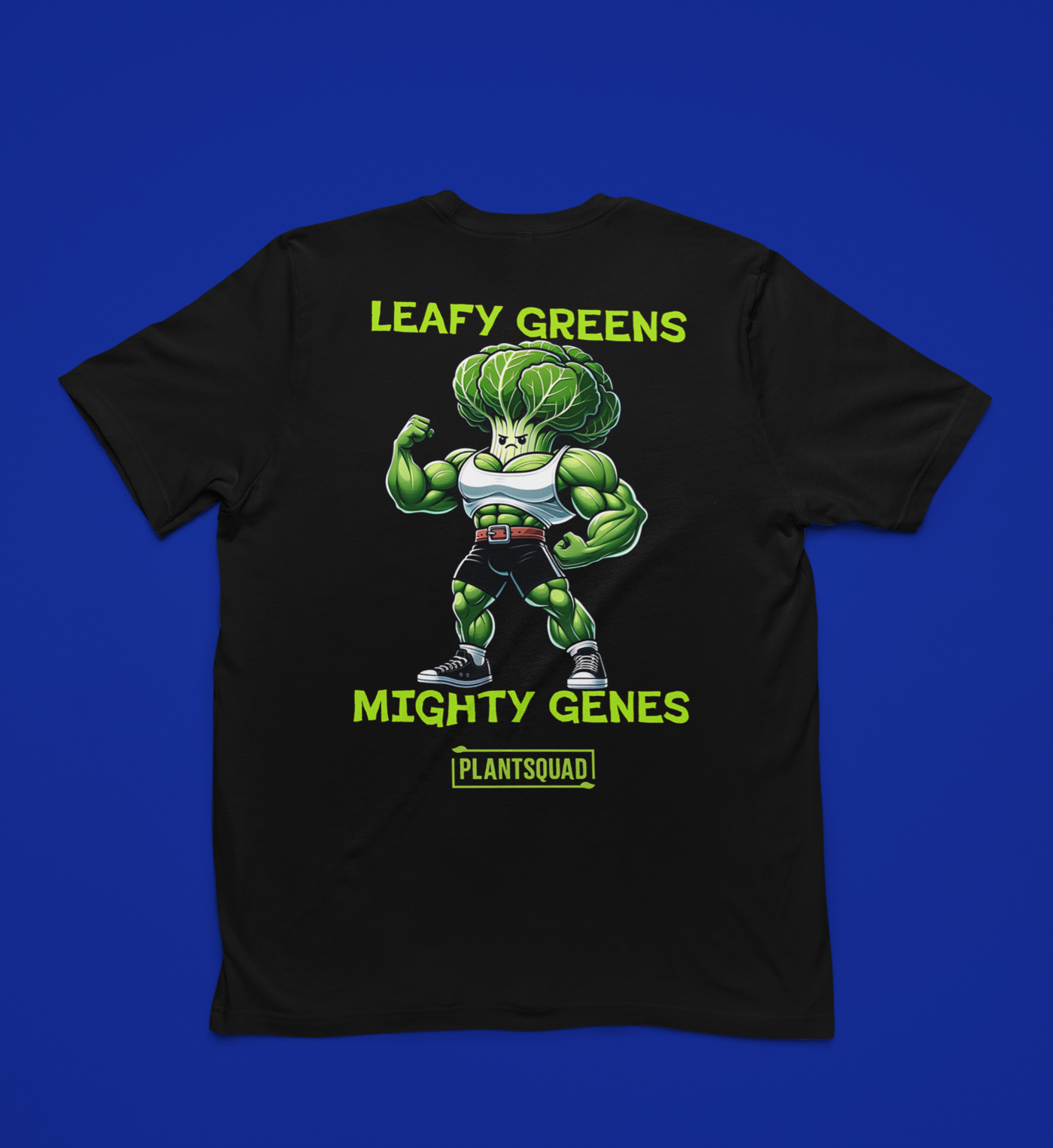 Product Name: Plantsquad Cabbage "Leafy Greens Mighty Genes" - Unisex T-Shirt

A Plantsquad Cabbage "Leafy Greens Mighty Genes" - Unisex T-Shirt featuring a muscular cartoon broccoli character flexing its arms. The text above the character reads "LEAFY GREENS" and below it, "MIGHTY GENES." A small rectangle at the bottom proudly boasts "#plantsquad.