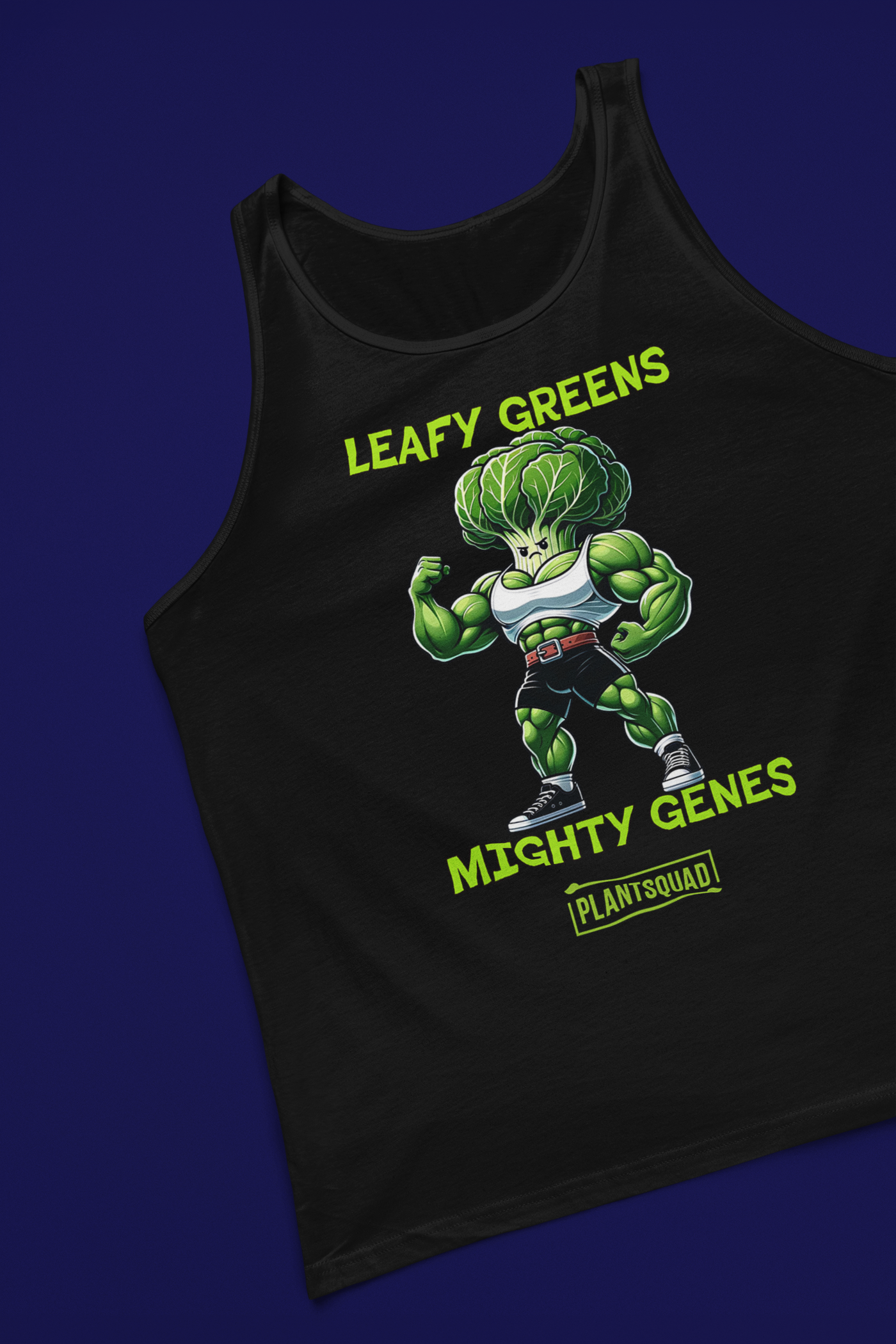 A Plantsquad Cabbage "Leafy Greens Mighty Genes" - Unisex Tank Top featuring a muscular cartoon broccoli character flexing its arms. The text above reads "LEAFY GREENS" and below reads "MIGHTY GENES" with "PLANTSQUAD" in all caps beneath the illustration—a perfect fit for gym enthusiasts embracing a plant-based lifestyle.