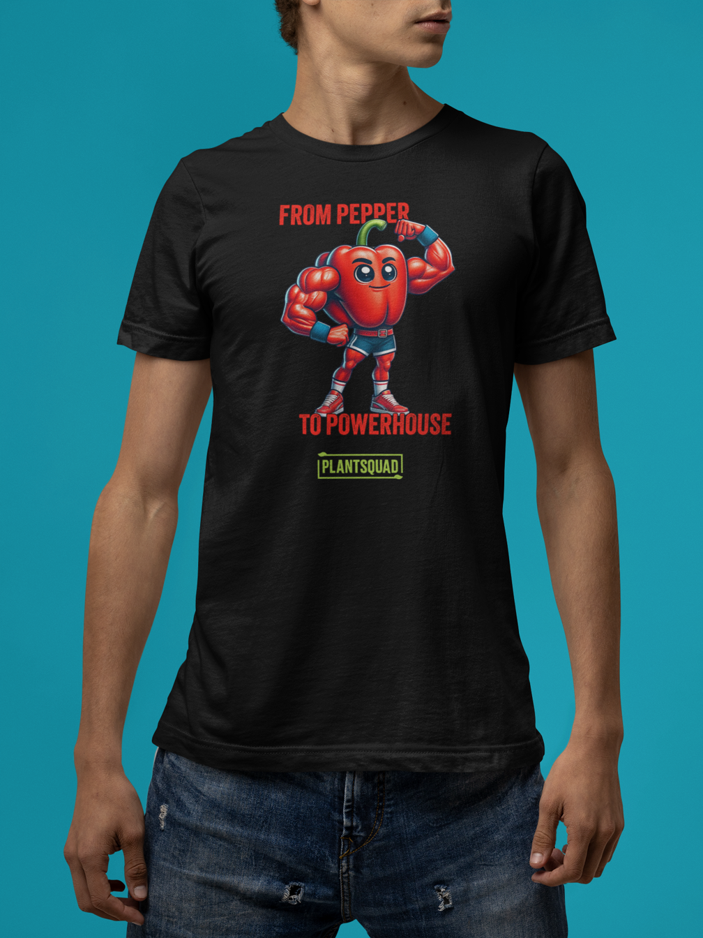 The Plantsquad Capsicum "From Pepper To Powerhouse" - Unisex T-Shirt features a muscular cartoon red bell pepper wearing a superhero outfit with a blue mask and gloves. The text above the character reads "FROM PEPPER TO POWERHOUSE" and below it, #PLANTSQUAD is displayed in a green box.