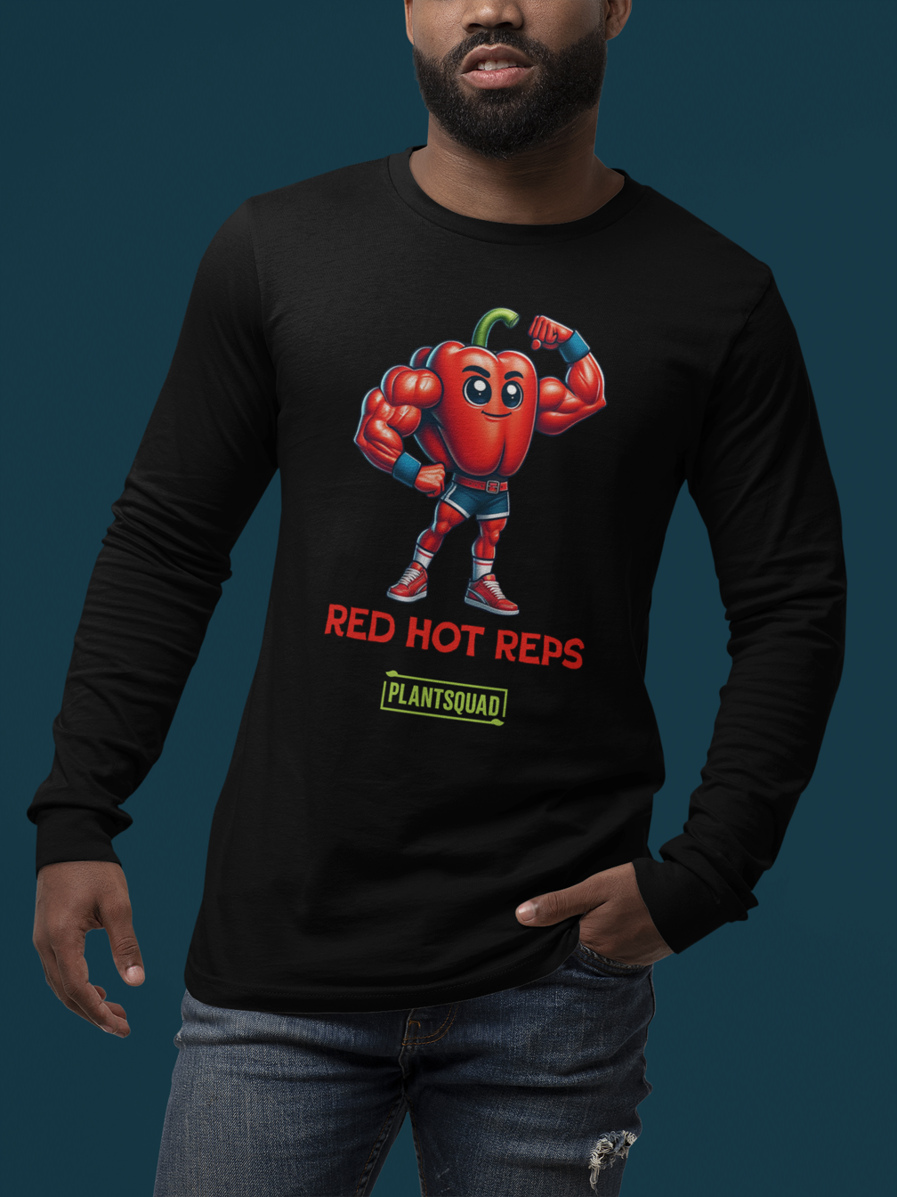 A Plantsquad Capsicum "From Pepper To Powerhouse" - Unisex Long Sleeve T-Shirt featuring a cartoon of a muscular red pepper with a green stem, flexing its biceps. Perfect for fitness enthusiasts, the text above reads "From Pepper To Powerhouse" and below reads "PlantSquad," celebrating the plant-based, vegan lifestyle.