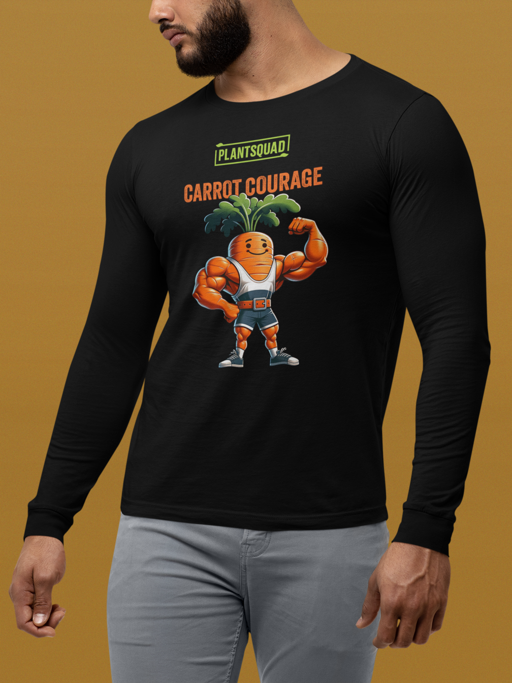 A Plantsquad Carrot "Carrot Courage" - Unisex Long Sleeve T-Shirt featuring a muscular cartoon carrot character flexing its arm muscles. The character has green leafy hair and is wearing orange and white sneakers. Perfect for fitness enthusiasts embracing a vegan lifestyle, the text above reads "PLANT SQUAD" and "CARROT COURAGE.