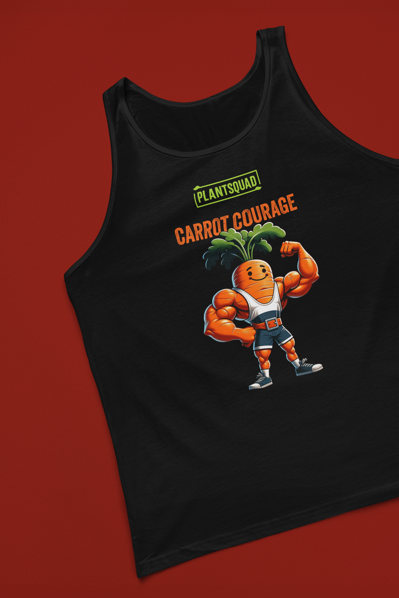 A black tank top featuring a muscular cartoon carrot with leafy green hair flexing its biceps. Above the carrot, “PLANTSQUAD” is written in green text, and below, “CARROT COURAGE” is in orange text. Perfect for gym enthusiasts embracing a vegan lifestyle, it's made from breathable fabric for maximum comfort. Introducing the Plantsquad Carrot "Carrot Courage" - Unisex Tank Top.