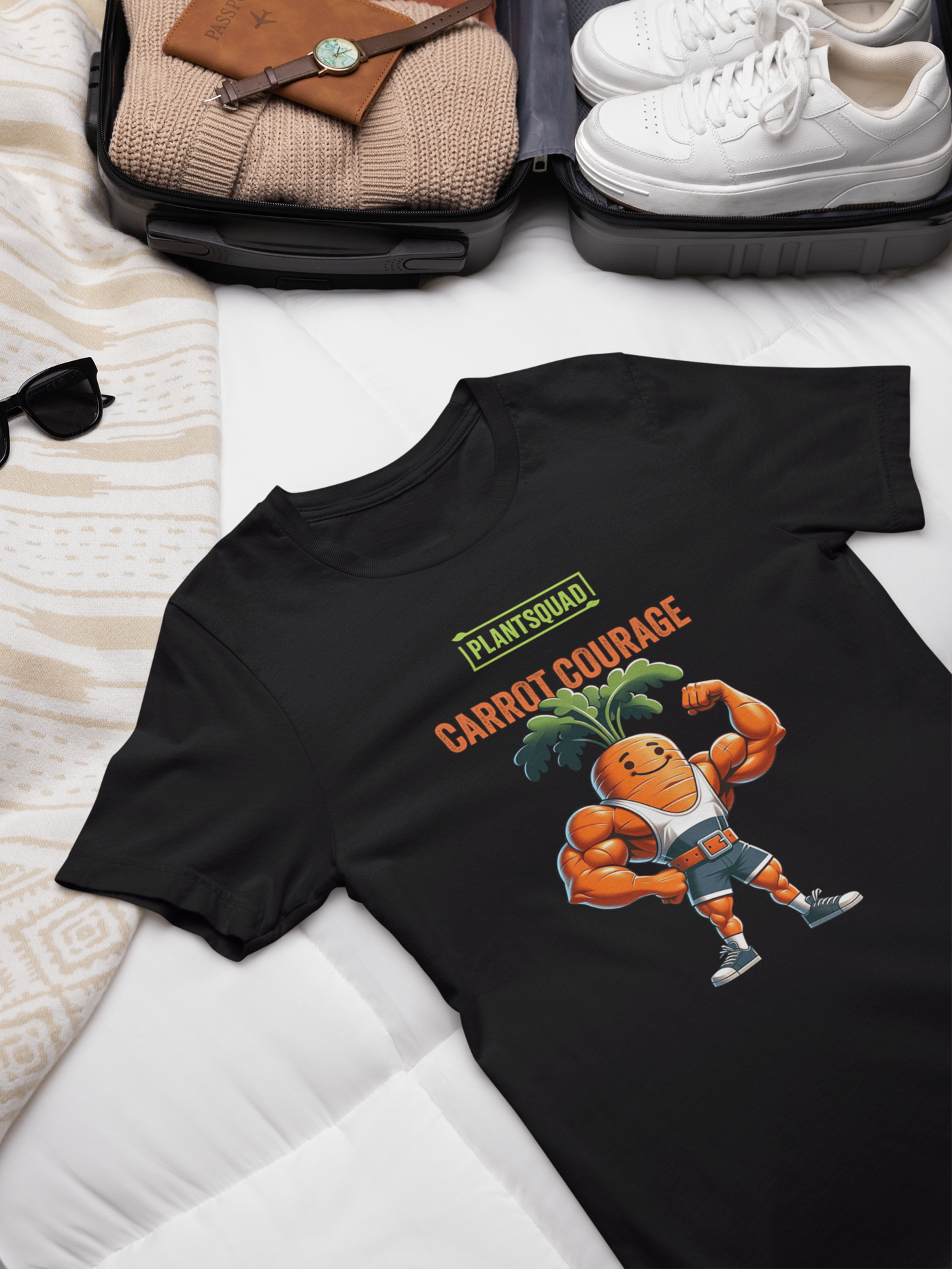 Plantsquad Carrot "Carrot Courage" - Unisex T-Shirt featuring a muscular carrot character flexing its muscles, with "PLANTSQUAD" boldly above and "CARROT COURAGE" below. The carrot sports a smiling face and green leafy hair, proudly representing the plantsquad.