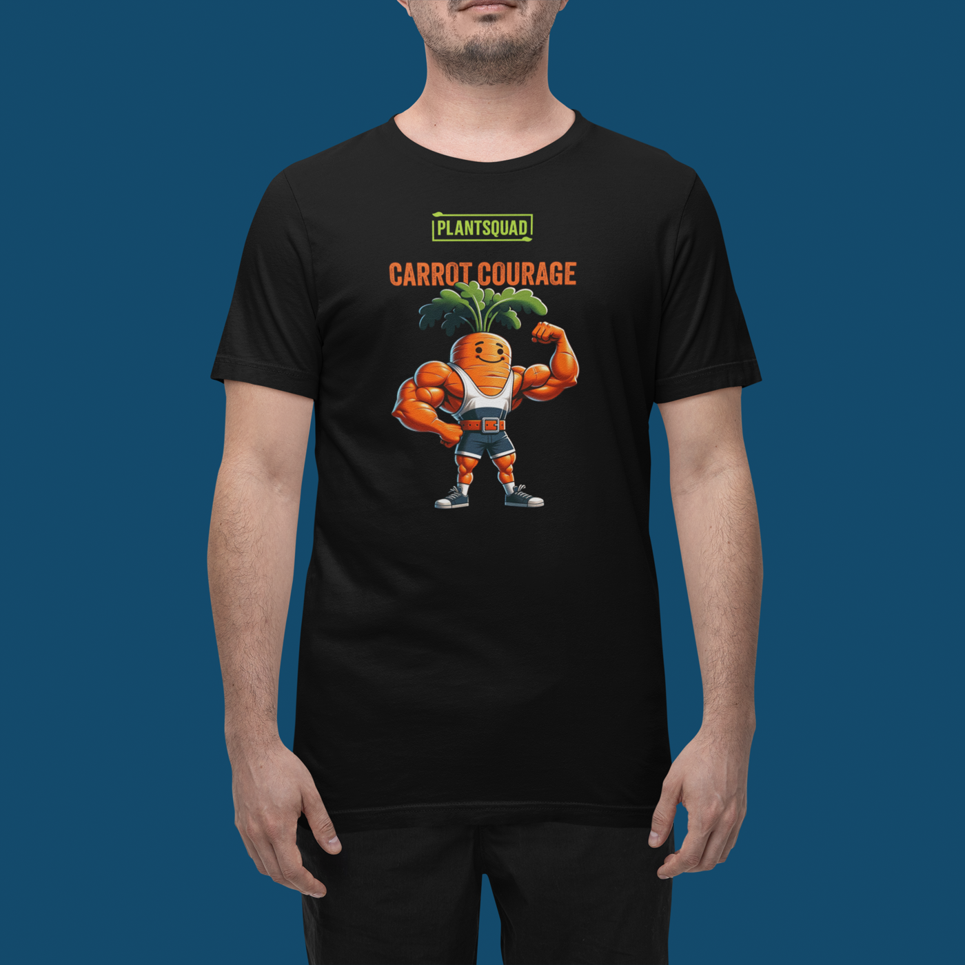 Plantsquad Carrot "Carrot Courage" - Unisex T-Shirt featuring a muscular carrot character flexing its muscles, with "PLANTSQUAD" boldly above and "CARROT COURAGE" below. The carrot sports a smiling face and green leafy hair, proudly representing the plantsquad.