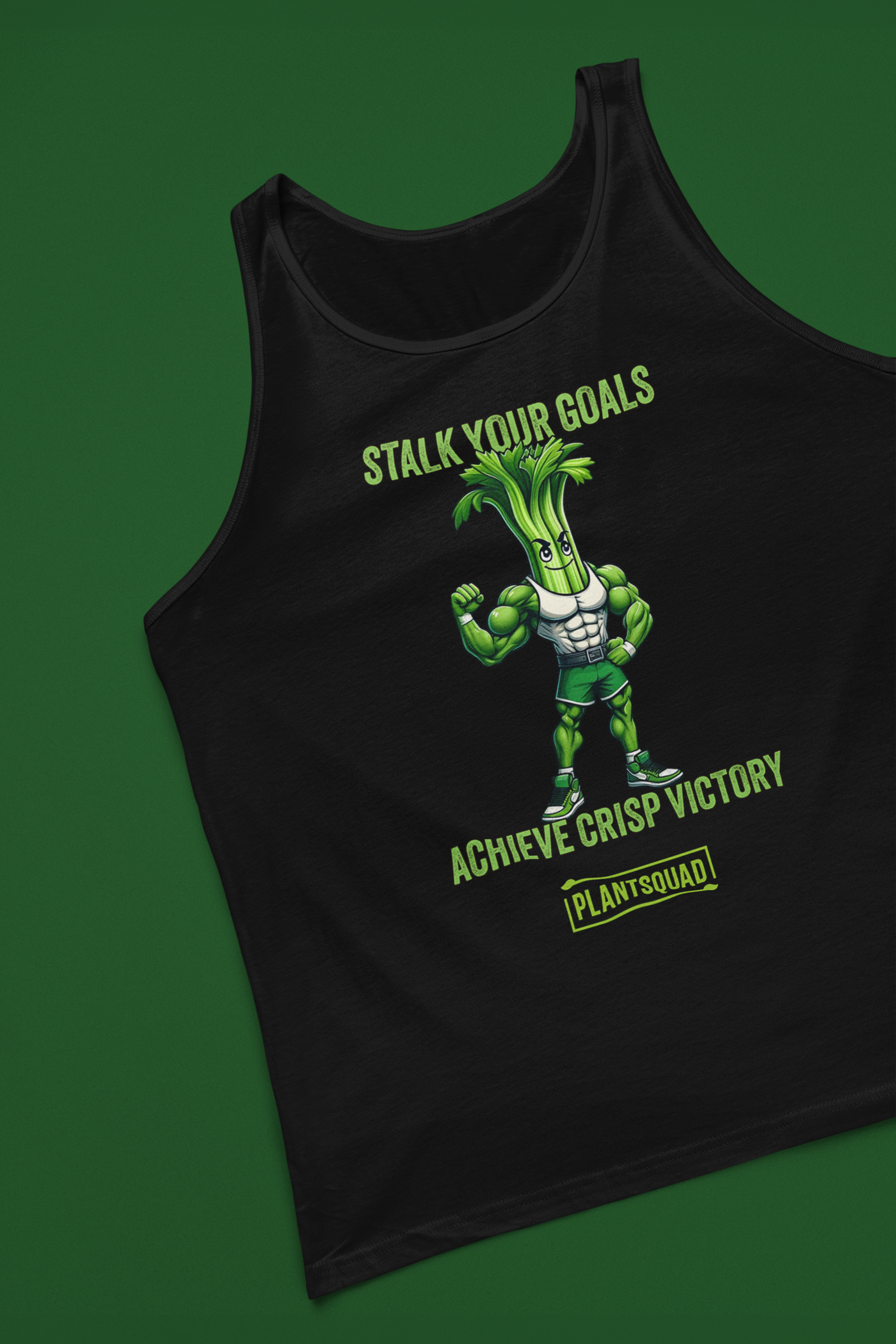 A Plantsquad Celery "Stalk Your Goals Achieve Crisp Victory" - Unisex Tank Top featuring an animated muscular celery character with a green body and determined expression. Above and below the character are the phrases, "Stalk Your Goals" and "Achieve Crisp Victory," respectively, in green text. This premium workout tank top is perfect for those embracing a plant-based lifestyle. A "PlantSquad" logo is at the bottom.