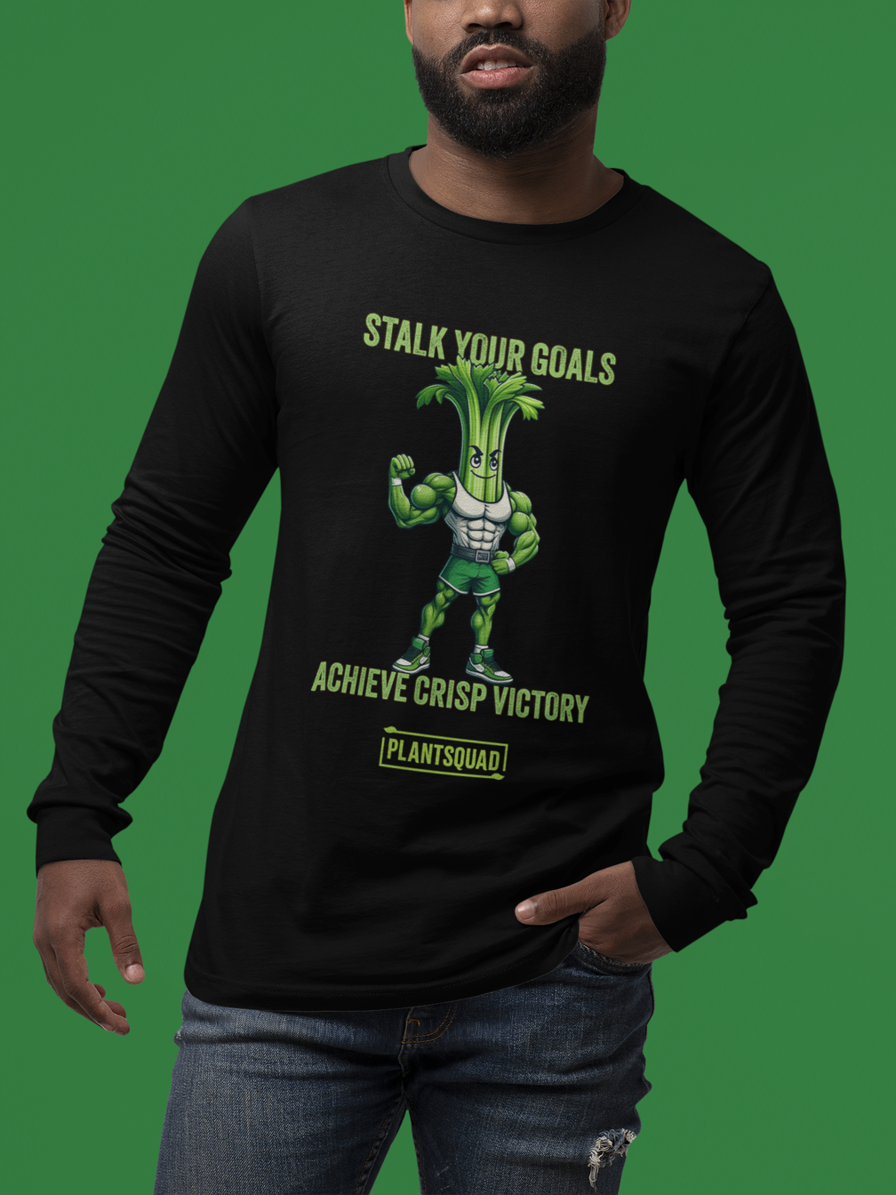 Plantsquad Celery "Stalk Your Goals Achieve Crisp Victory" - Unisex Long Sleeve T-Shirt: A black long-sleeve fitness shirt featuring a muscly celery cartoon flexing muscles with the text "Stalk Your Goals" above and "Achieve Crisp Victory" below. Perfect for embracing a vegan lifestyle, the words "Plantsquad" appear at the bottom.