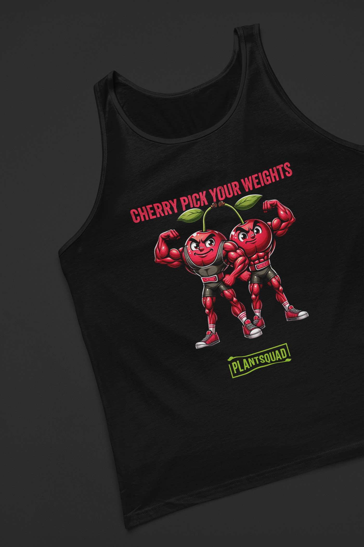 A black workout tank top featuring two muscular cartoon cherries flexing their biceps. Above them, red text reads "CHERRY PICK YOUR WEIGHTS," and below them, green text on a white background proudly states "Plantsquad." Perfect for vegans dedicated to fitness, this is the Plantsquad Cherries "Cherry Pick Your Weights" - Unisex Tank Top.