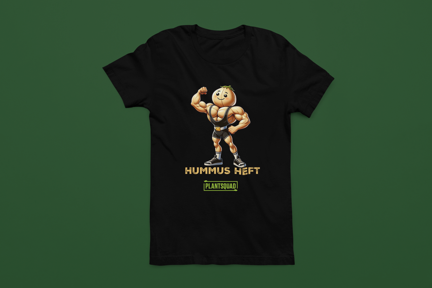 A Plantsquad Chickpea "Hummus Heft" - Unisex T-Shirt featuring a muscular chickpea character flexing its arms. Below the character, the text proudly reads, "HUMMUS HEFT" and "#PLANTSQUAD." The character and text are printed in vibrant yellow and white, adding striking contrast to the black shirt.