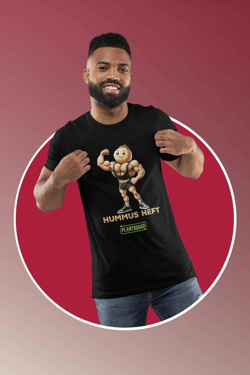 A Plantsquad Chickpea "Hummus Heft" - Unisex T-Shirt featuring a muscular chickpea character flexing its arms. Below the character, the text proudly reads, "HUMMUS HEFT" and "#PLANTSQUAD." The character and text are printed in vibrant yellow and white, adding striking contrast to the black shirt.