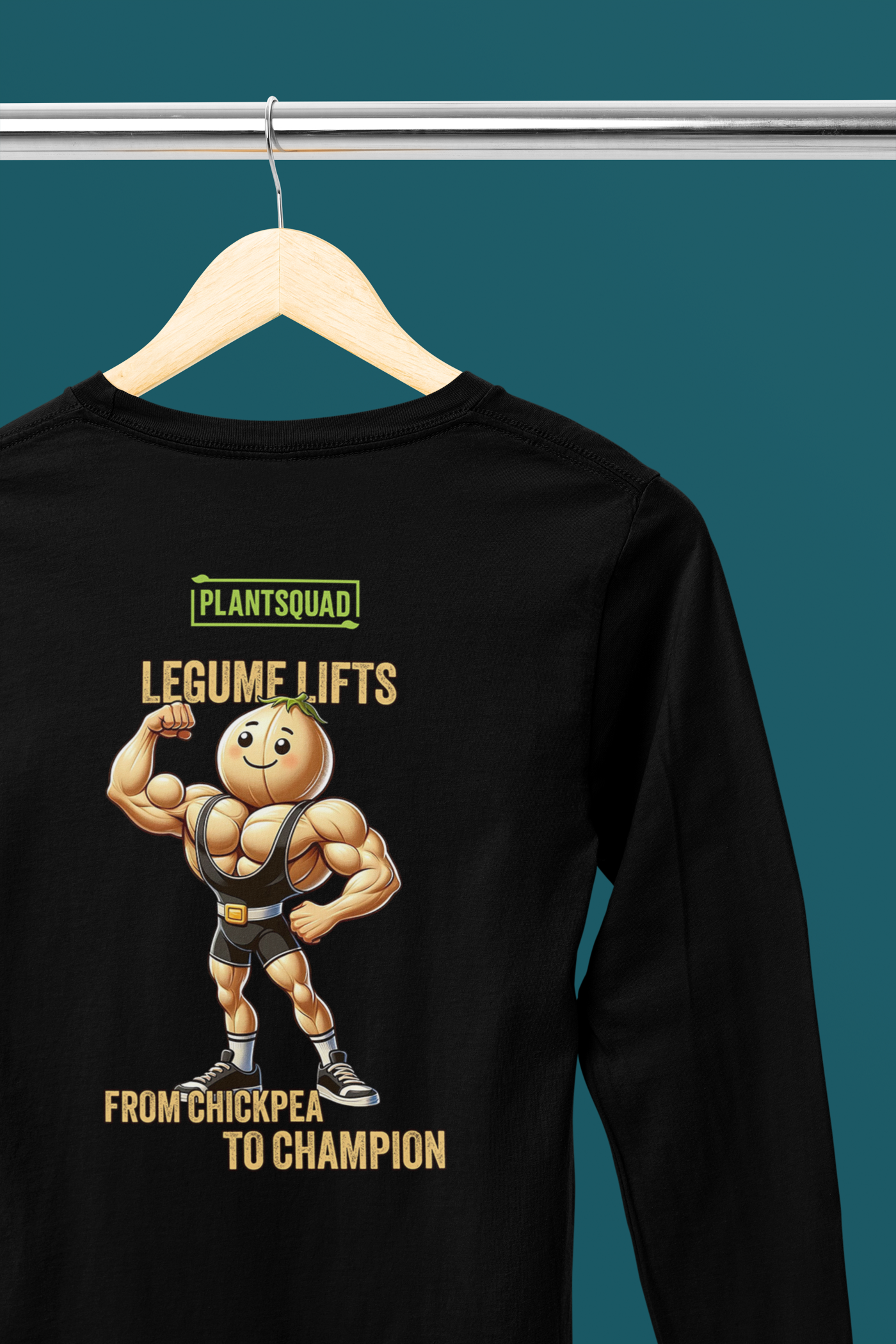 A Plantsquad Chickpea "Legume Lifts" - Unisex Long Sleeve T-Shirt featuring a muscly chickpea cartoon character flexing and wearing a weightlifting belt. The text above the character reads "PLANTSQUAD" and "Legume Lifts," and below, "From Chickpea to Champion." Perfect for fitness enthusiasts embracing the vegan lifestyle.